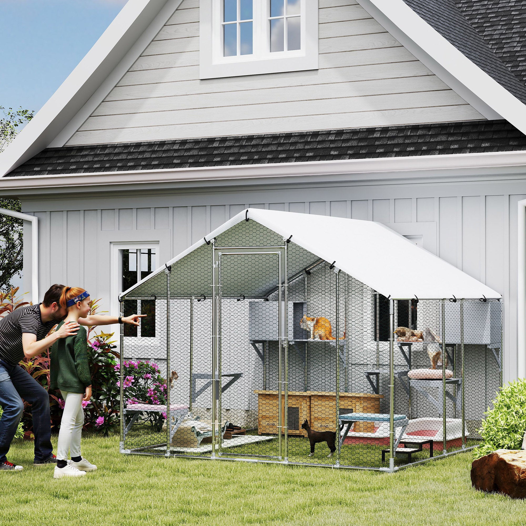 94.5" Extra Large Catio Outdoor Cat Enclosure, Walk In Cat Cage with Waterproof Cover, 2 Resting Boxes, 7 Platforms, Metal Chicken Run Hen House Rabbit Hutch for Outside