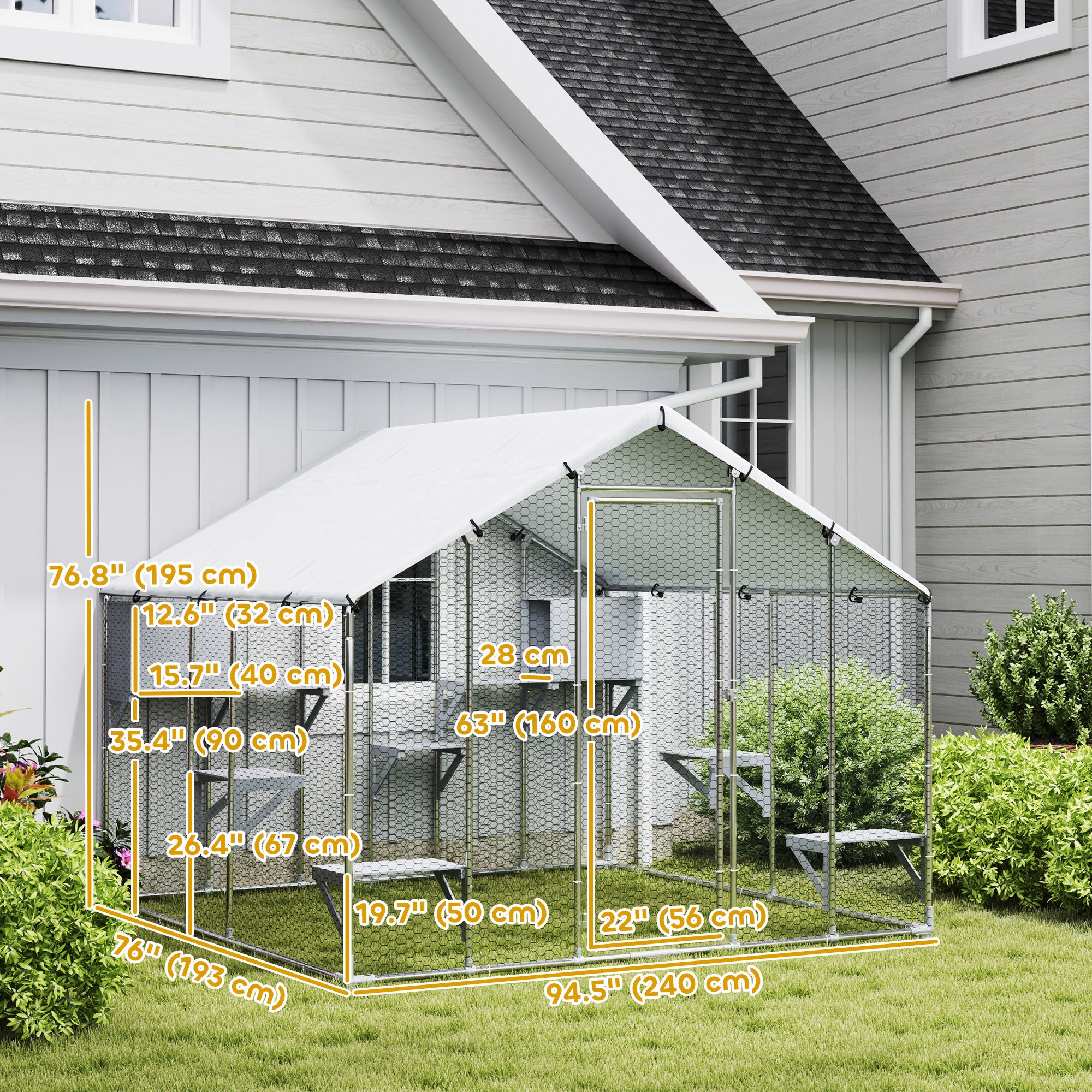 94.5" Extra Large Catio Outdoor Cat Enclosure, Walk In Cat Cage with Waterproof Cover, 2 Resting Boxes, 7 Platforms, Metal Chicken Run Hen House Rabbit Hutch for Outside