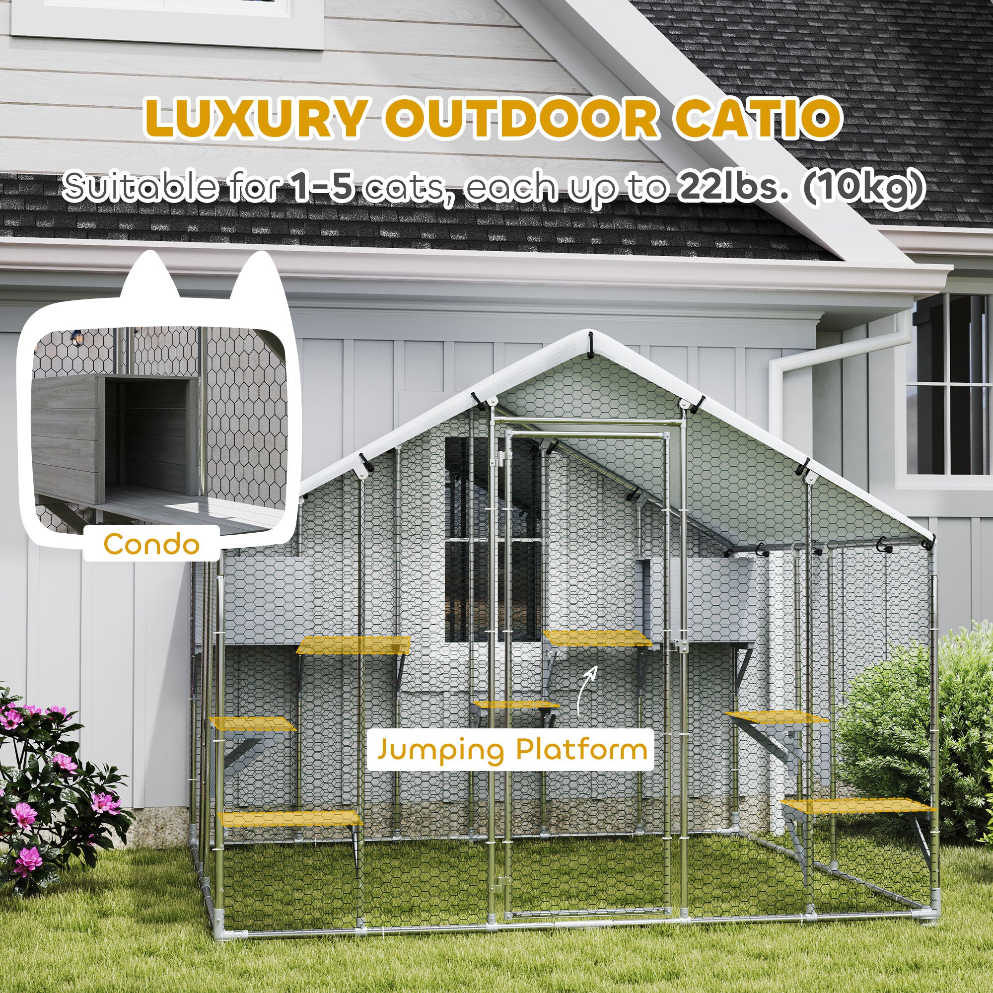 94.5" Extra Large Catio Outdoor Cat Enclosure, Walk In Cat Cage with Waterproof Cover, 2 Resting Boxes, 7 Platforms, Metal Chicken Run Hen House Rabbit Hutch for Outside