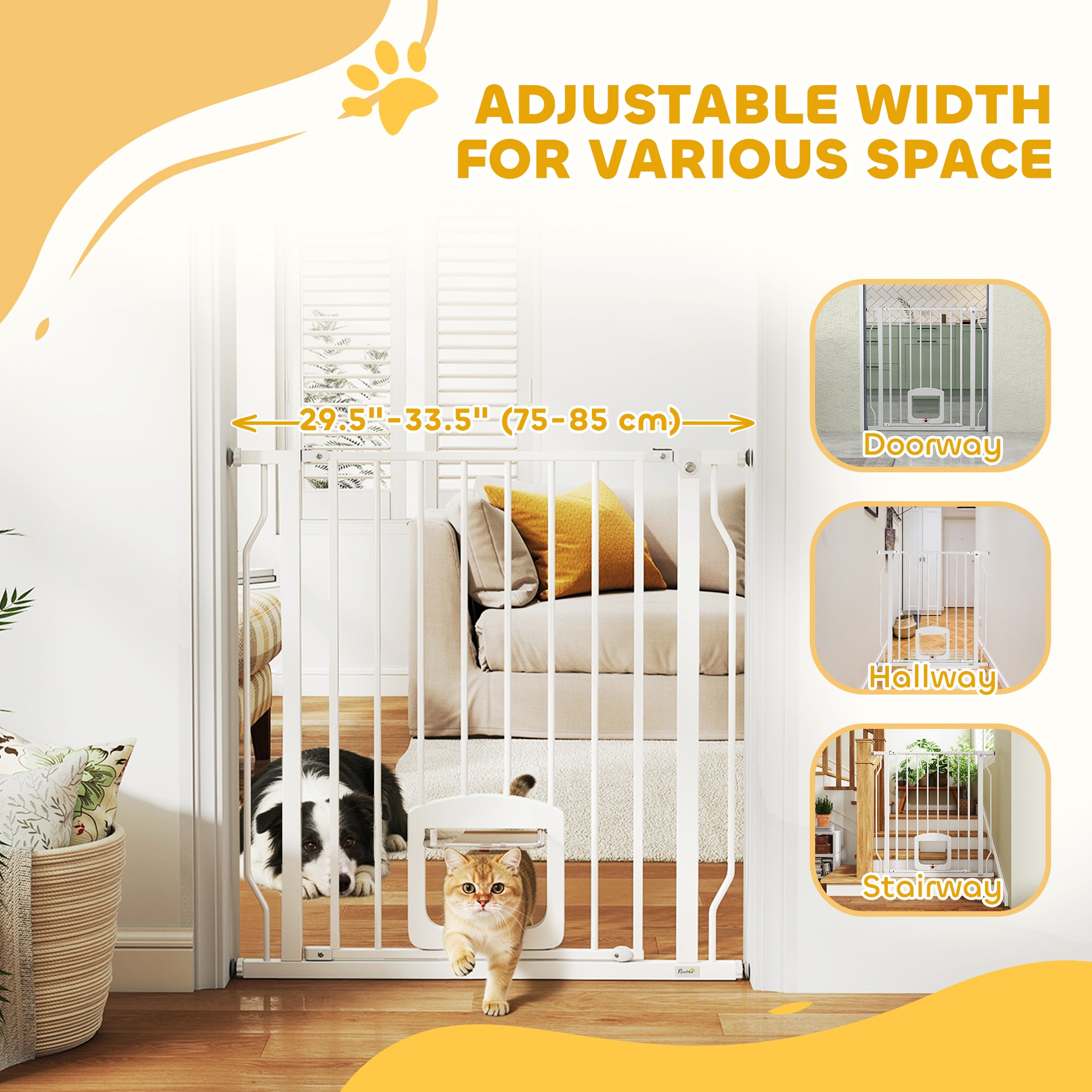 29.5-33.5" Adjustable Dog Gate with Cat Door, Easy-Install Pressure/Hardware Mounted Pet Gate for Doorways and Hallways, White