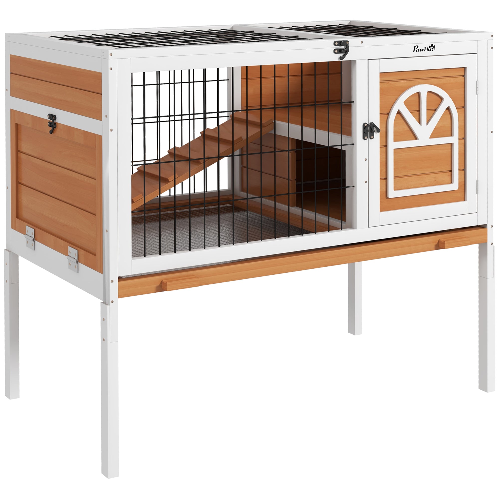 Wooden Rabbit Hutch, Elevated Guinea Pig Cage w/ Openable Roof, Ladder, Removable Tray, 90 x 53 x 87cm - Yellow