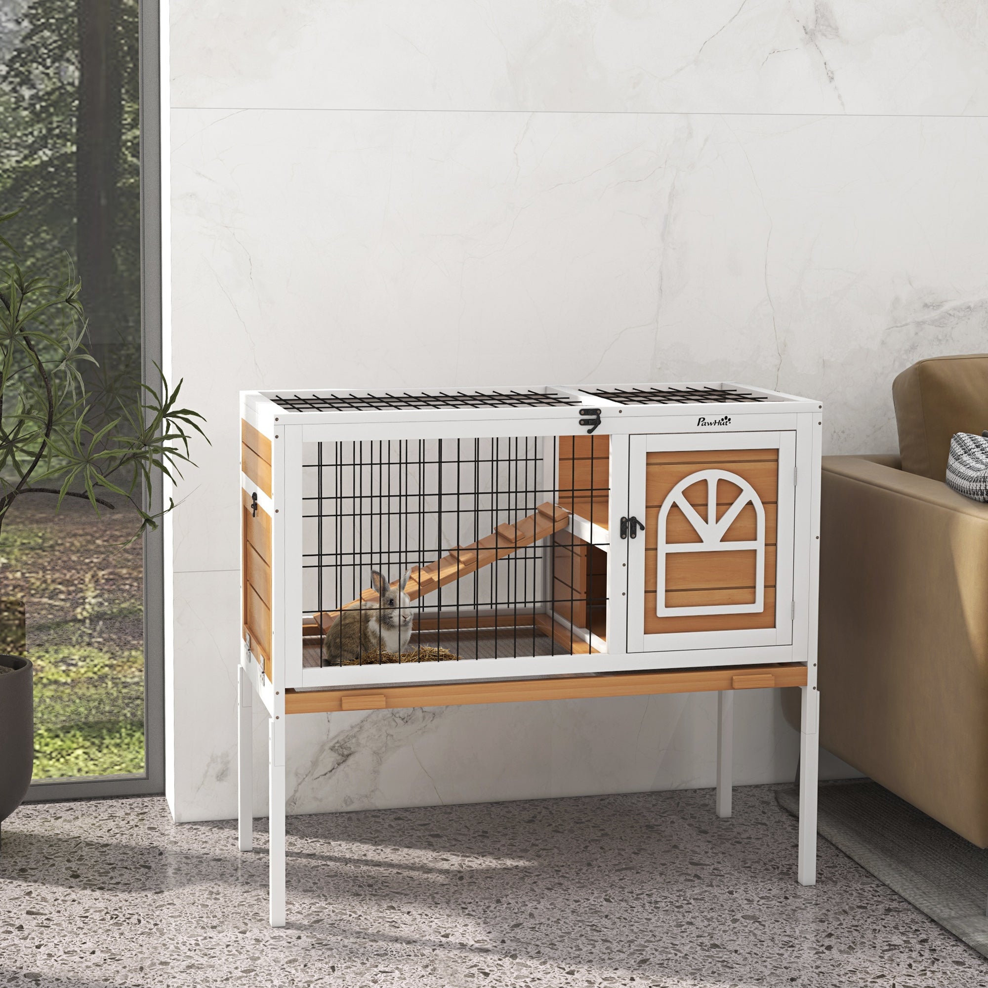 Wooden Rabbit Hutch, Elevated Guinea Pig Cage w/ Openable Roof, Ladder, Removable Tray, 90 x 53 x 87cm - Yellow