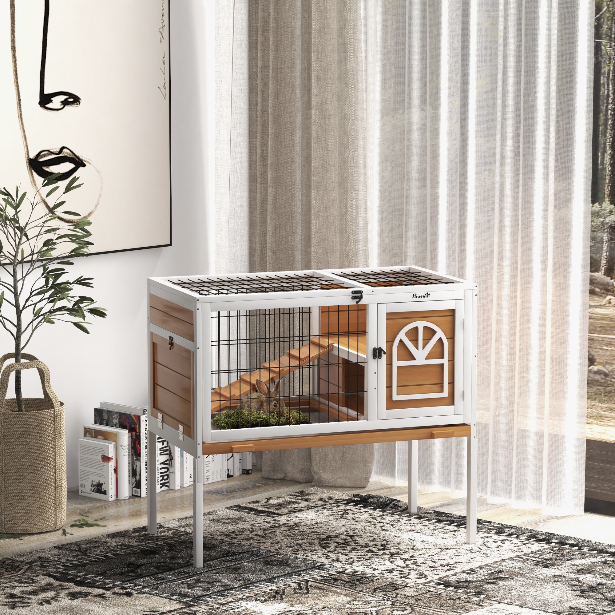 Wooden Rabbit Hutch, Elevated Guinea Pig Cage w/ Openable Roof, Ladder, Removable Tray, 90 x 53 x 87cm - Yellow