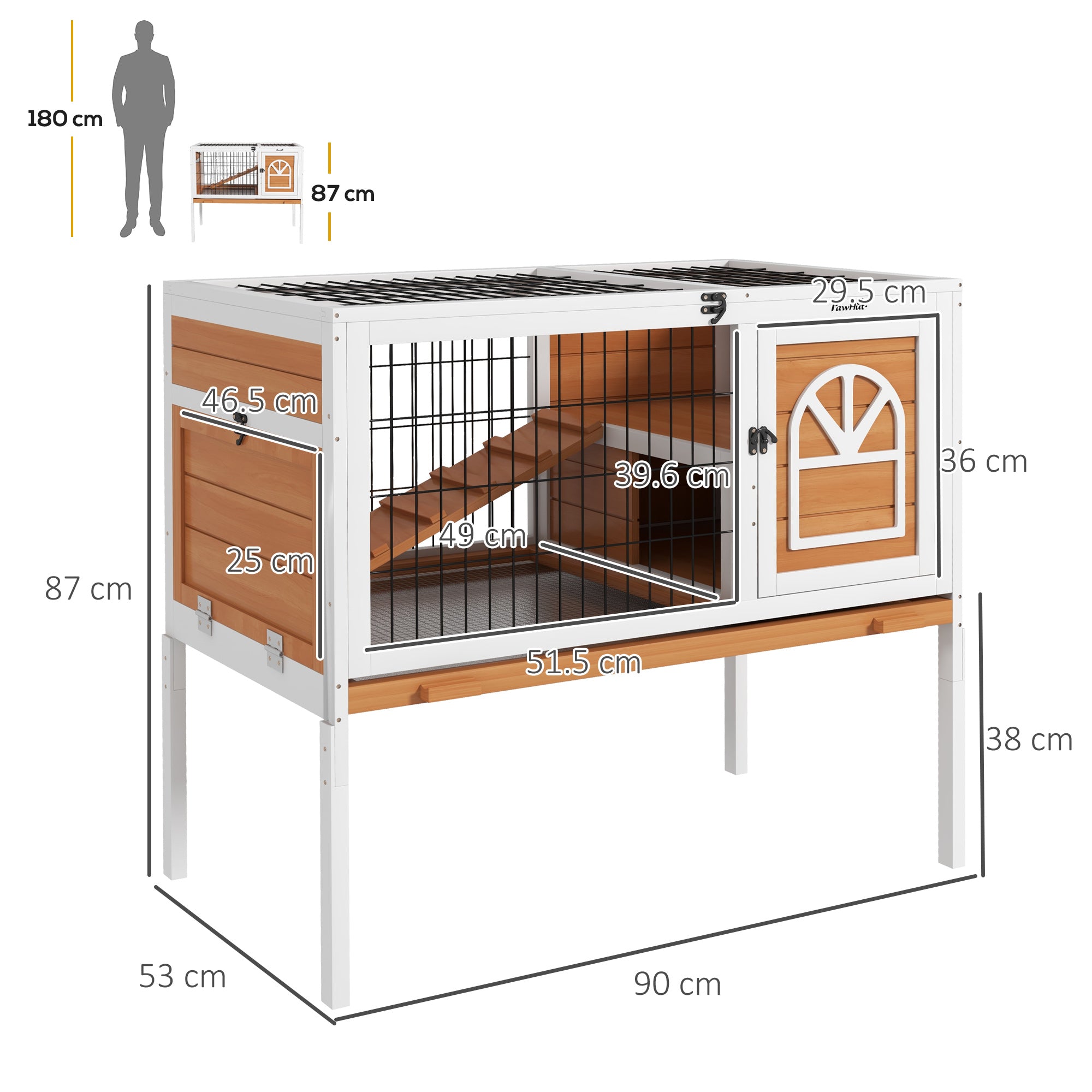 Wooden Rabbit Hutch, Elevated Guinea Pig Cage w/ Openable Roof, Ladder, Removable Tray, 90 x 53 x 87cm - Yellow