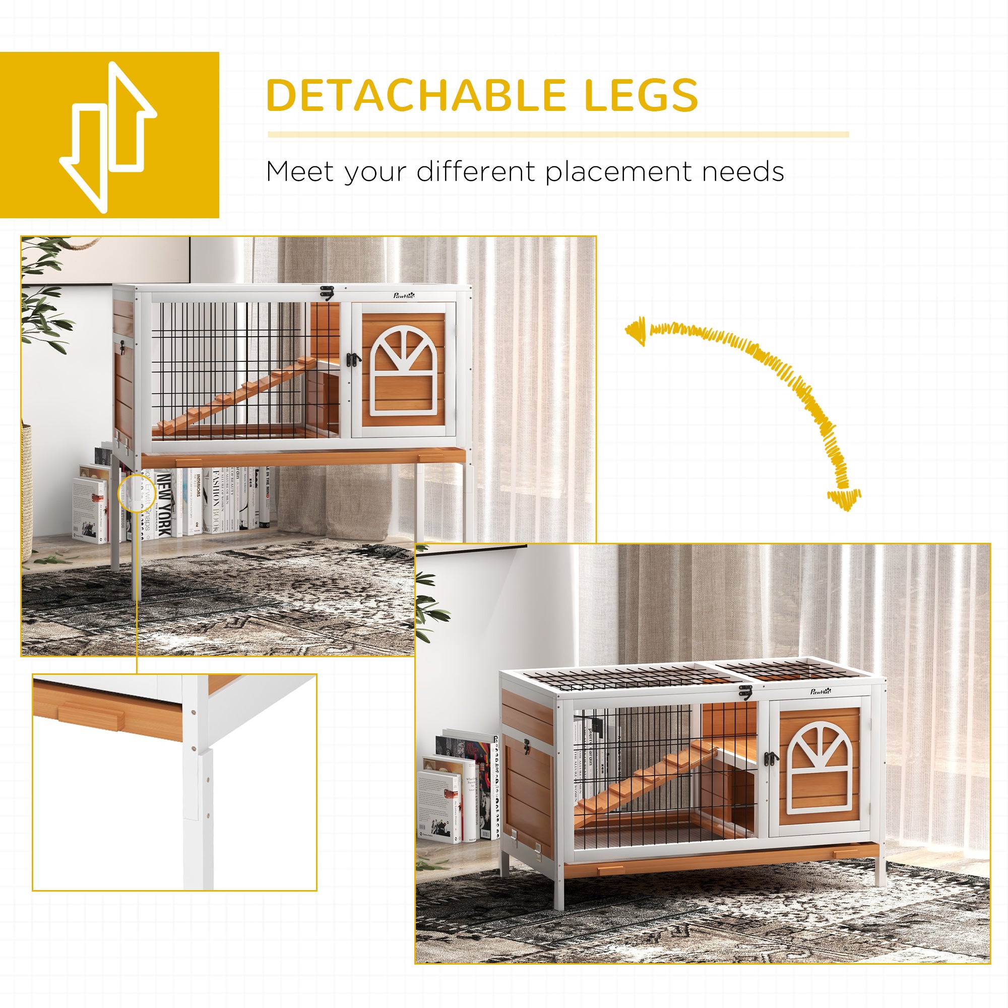 Wooden Rabbit Hutch, Elevated Guinea Pig Cage w/ Openable Roof, Ladder, Removable Tray, 90 x 53 x 87cm - Yellow