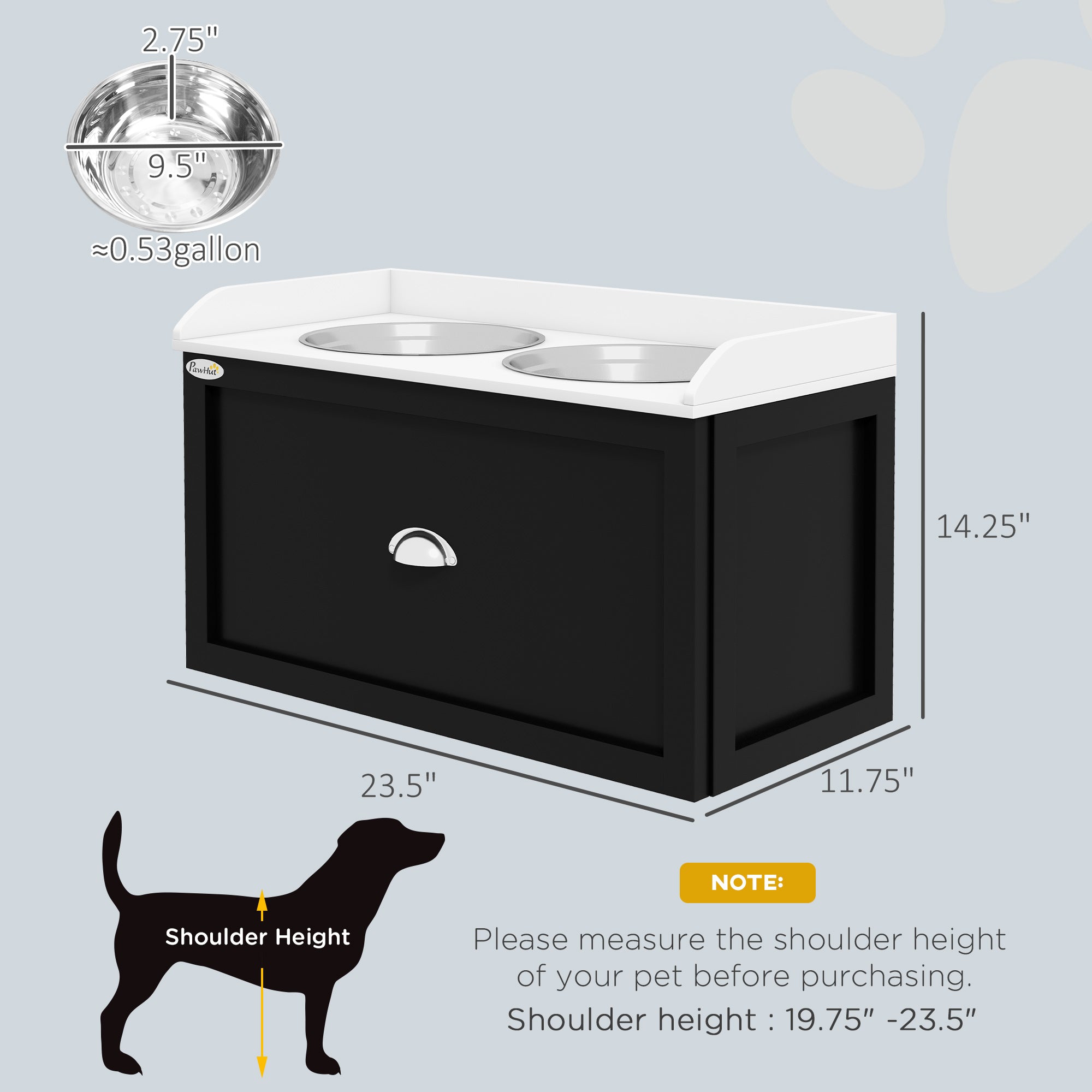 PawHut Dog Feeding Station with Storage Drawer, Dog Food Storage Cabinet with 2 Removable Elevated Dog Bowls for Large Sized Dogs, White and Black