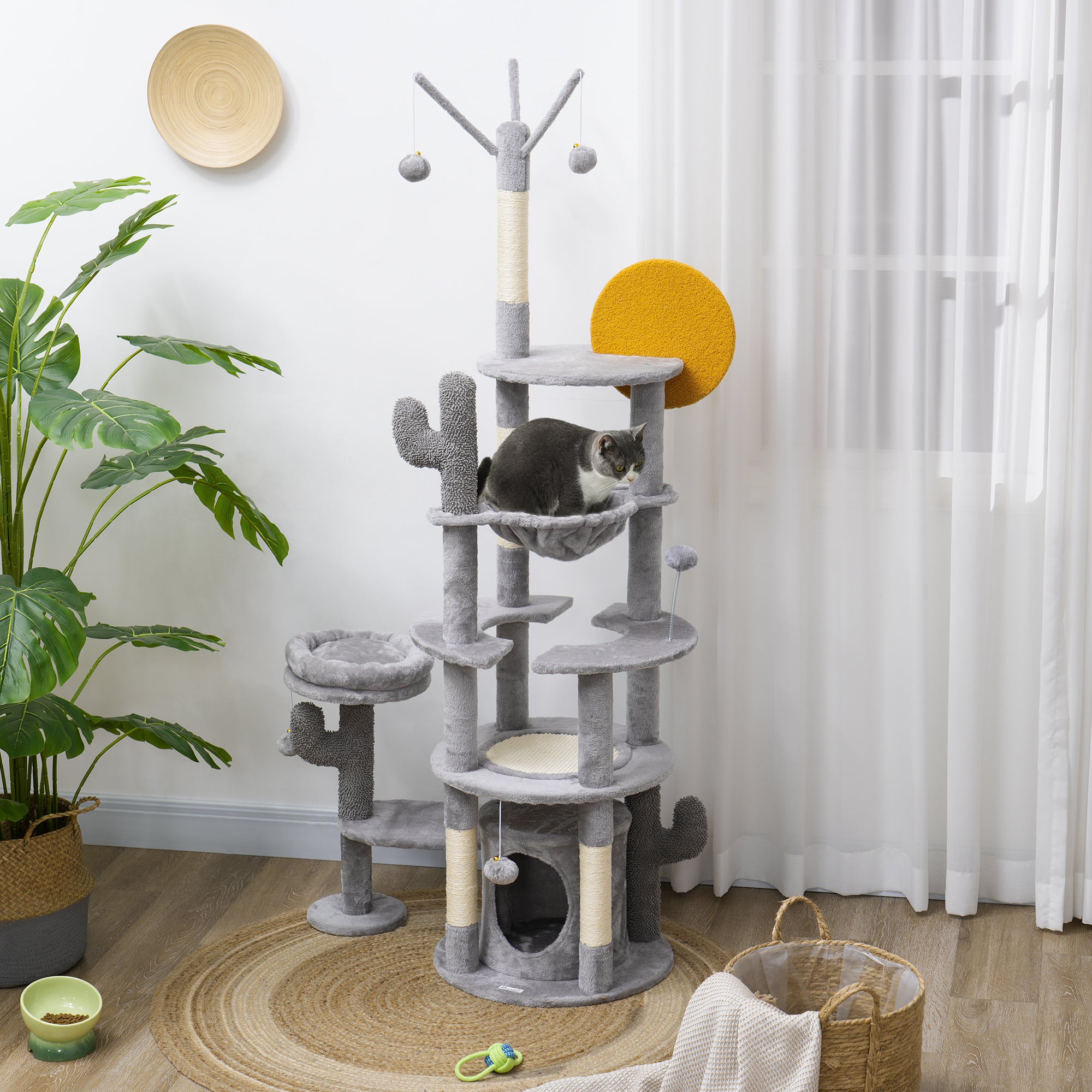 71" Tall Cat Tree, Multi-Level Cat Tower for Indoor, Corner DIY Design with Scratching Posts, Sisal Pad, Condo, Bed, Hammock, Platforms, Balls, Activity Center, Light Grey