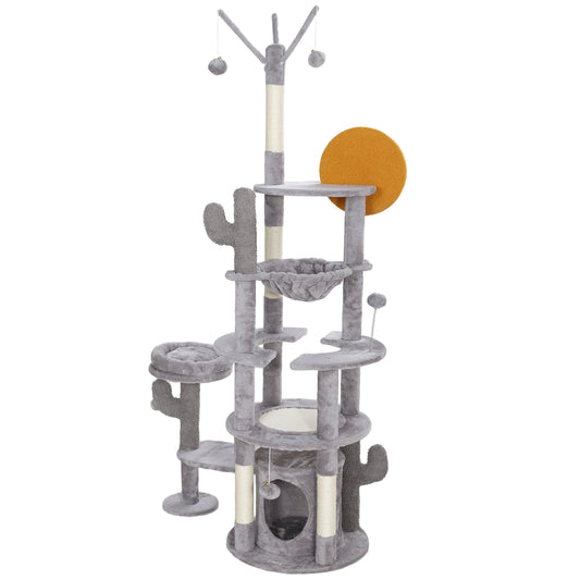 71" Tall Cat Tree, Multi-Level Cat Tower for Indoor, Corner DIY Design with Scratching Posts, Sisal Pad, Condo, Bed, Hammock, Platforms, Balls, Activity Center, Light Grey