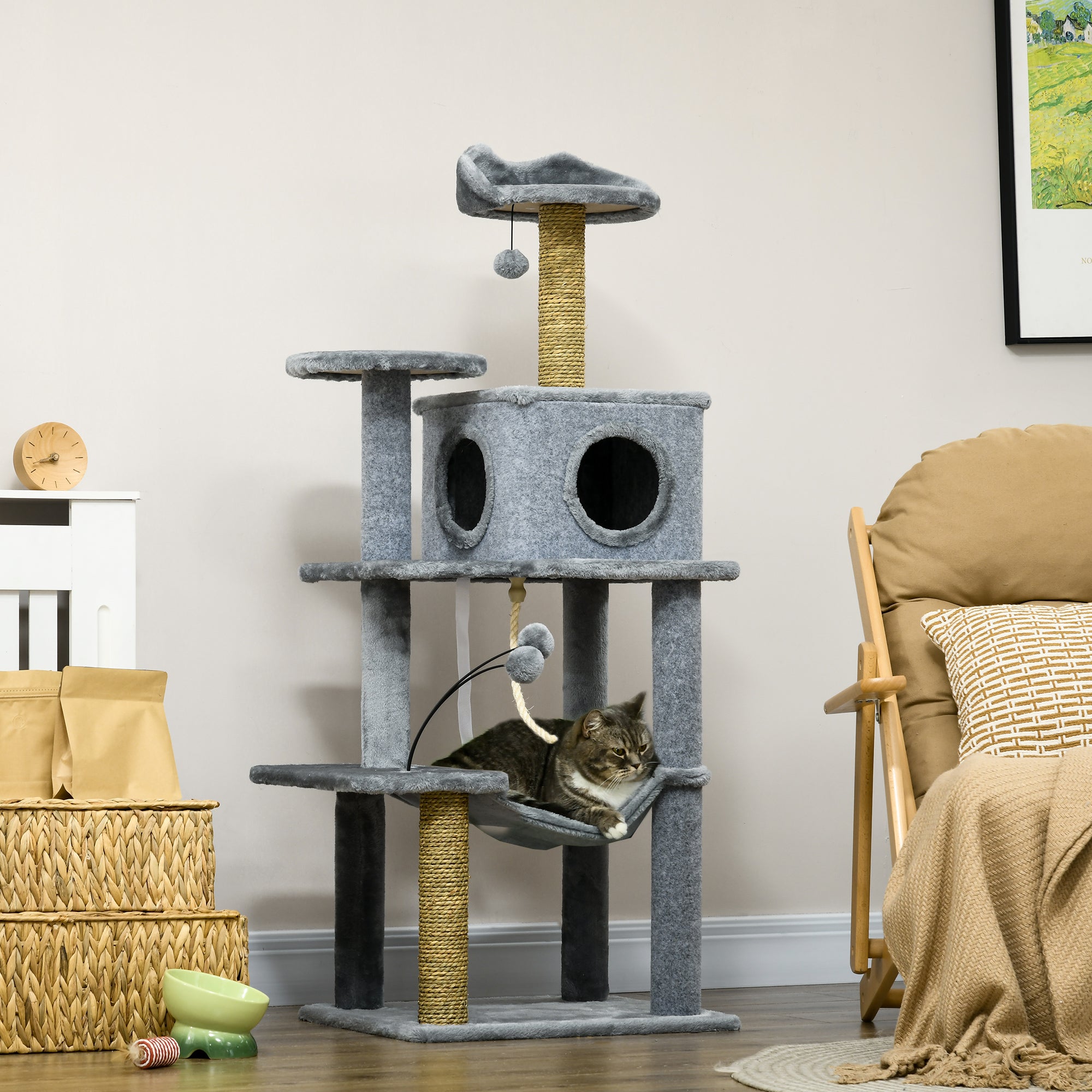 54" Cat Tree for Larger Cats Adult with Hammock, Tal Cat Tree Tower with Scratching Post, Condo, Platforms, Play Balls for Indoor Cats, Grey