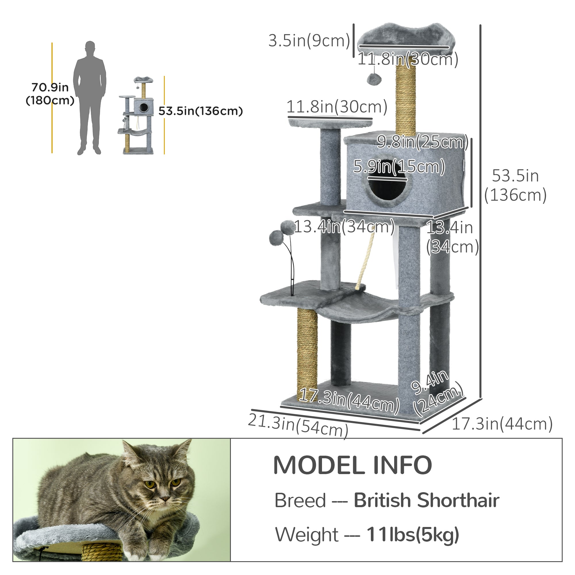 54" Cat Tree for Larger Cats Adult with Hammock, Tal Cat Tree Tower with Scratching Post, Condo, Platforms, Play Balls for Indoor Cats, Grey