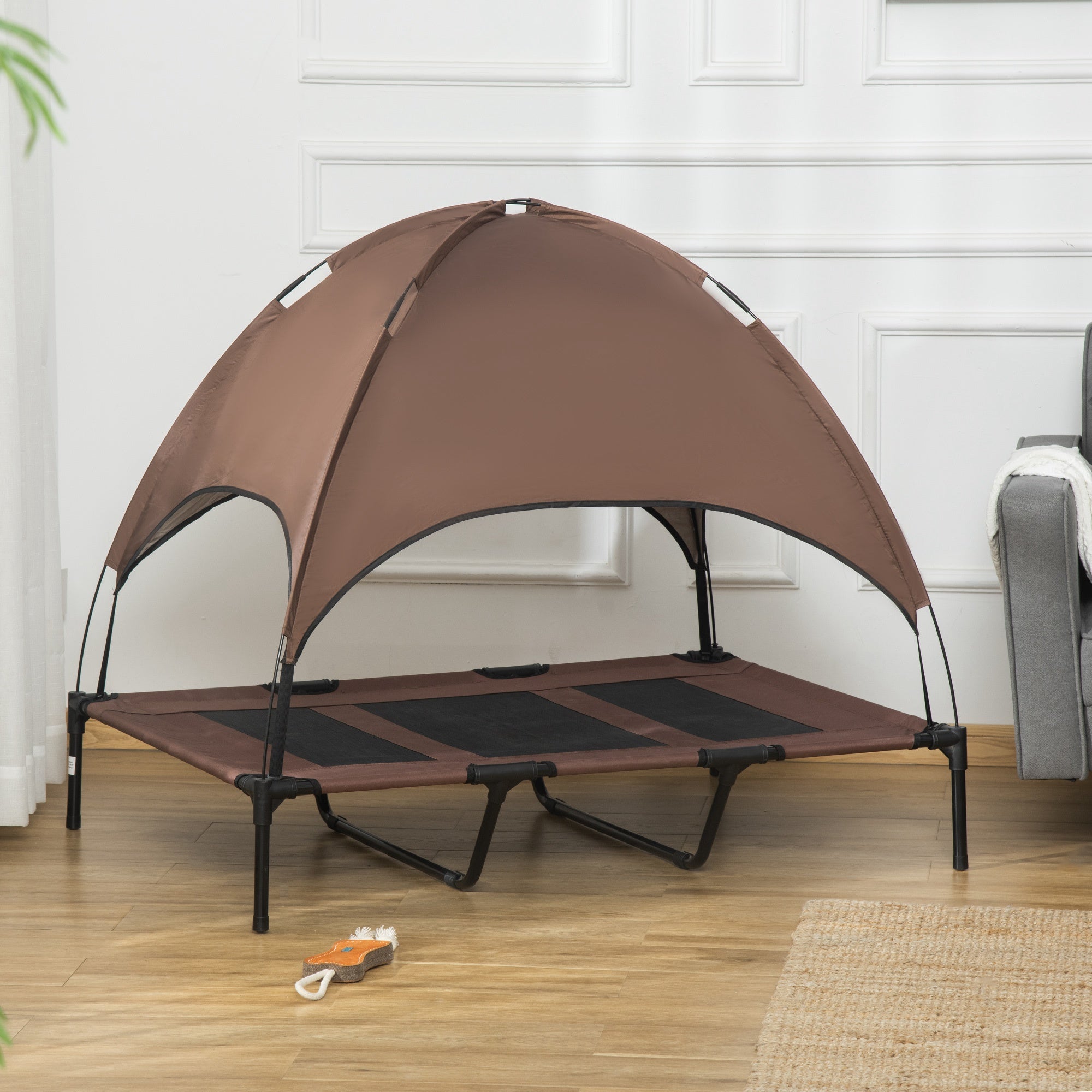 Raised Dog Bed Waterproof Elevated Pet Cot with Breathable Mesh UV Protection Canopy Brown, for XL Dogs, 122 x 92 x 108cm