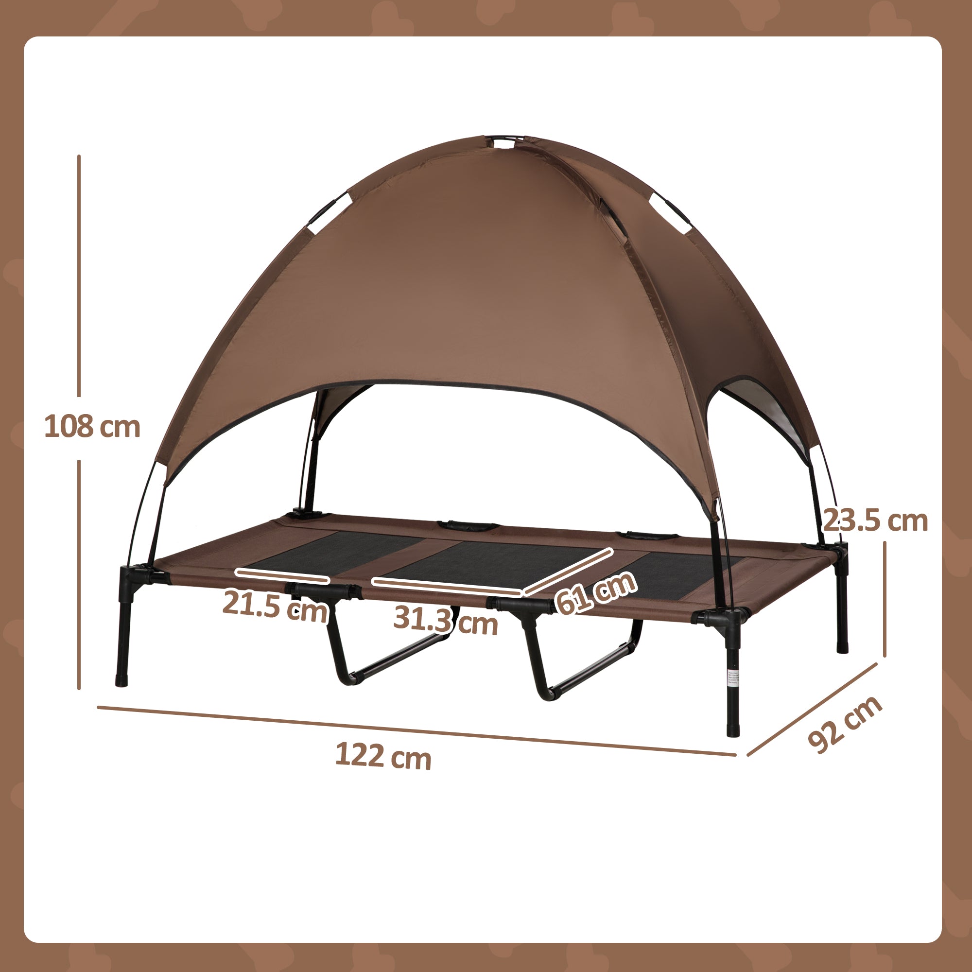 Raised Dog Bed Waterproof Elevated Pet Cot with Breathable Mesh UV Protection Canopy Brown, for XL Dogs, 122 x 92 x 108cm