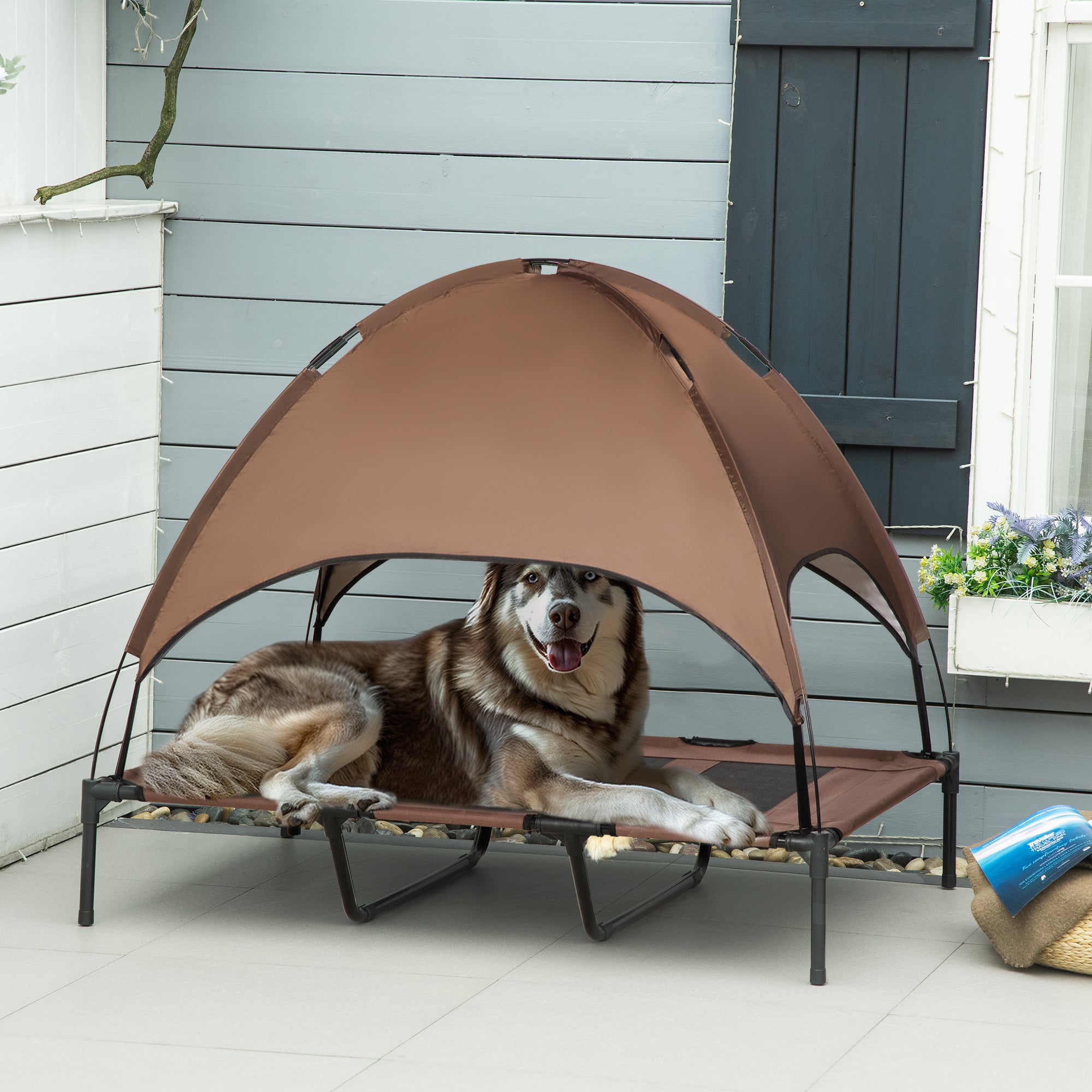 Raised Dog Bed Waterproof Elevated Pet Cot with Breathable Mesh UV Protection Canopy Brown, for XL Dogs, 122 x 92 x 108cm