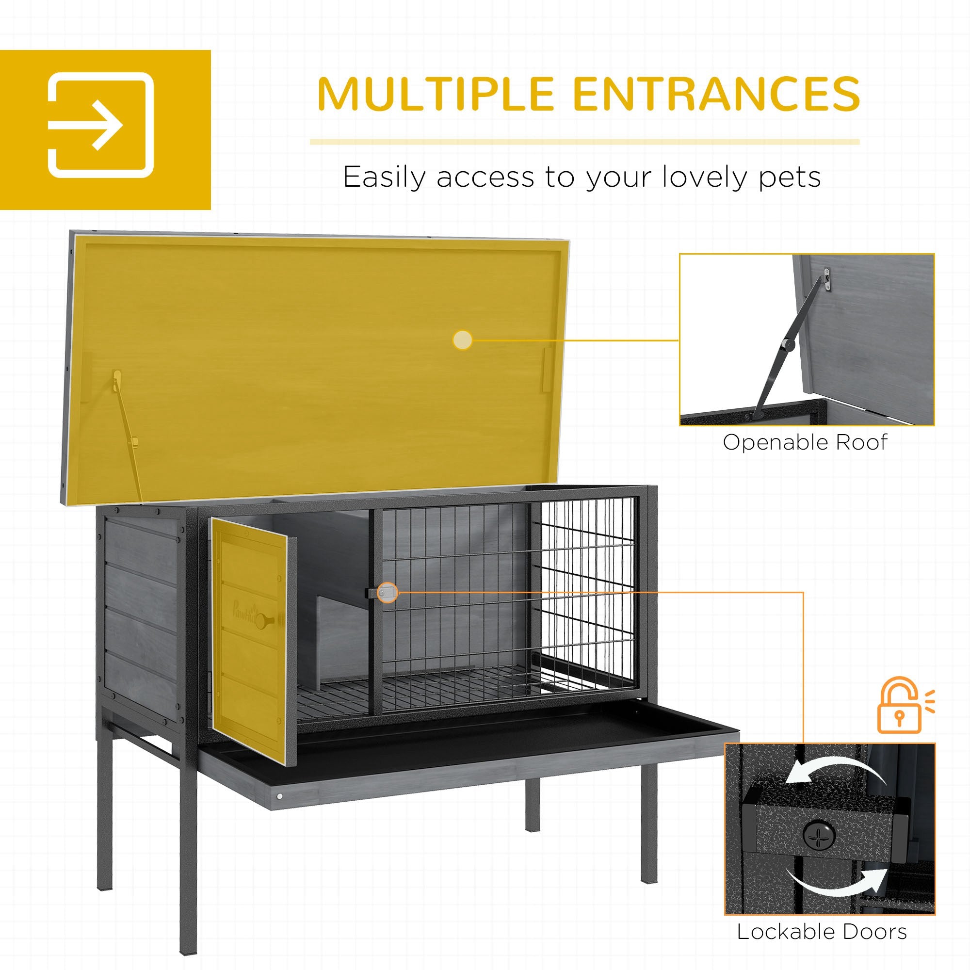 PawHut Rabbit Hutch Elevated Bunny Cage Small Animal Habitat with Metal Frame, No Leak Tray, Metal Wire Pan and Openable Water-Resistant Asphalt Roof for Indoor/Outdoor Gray