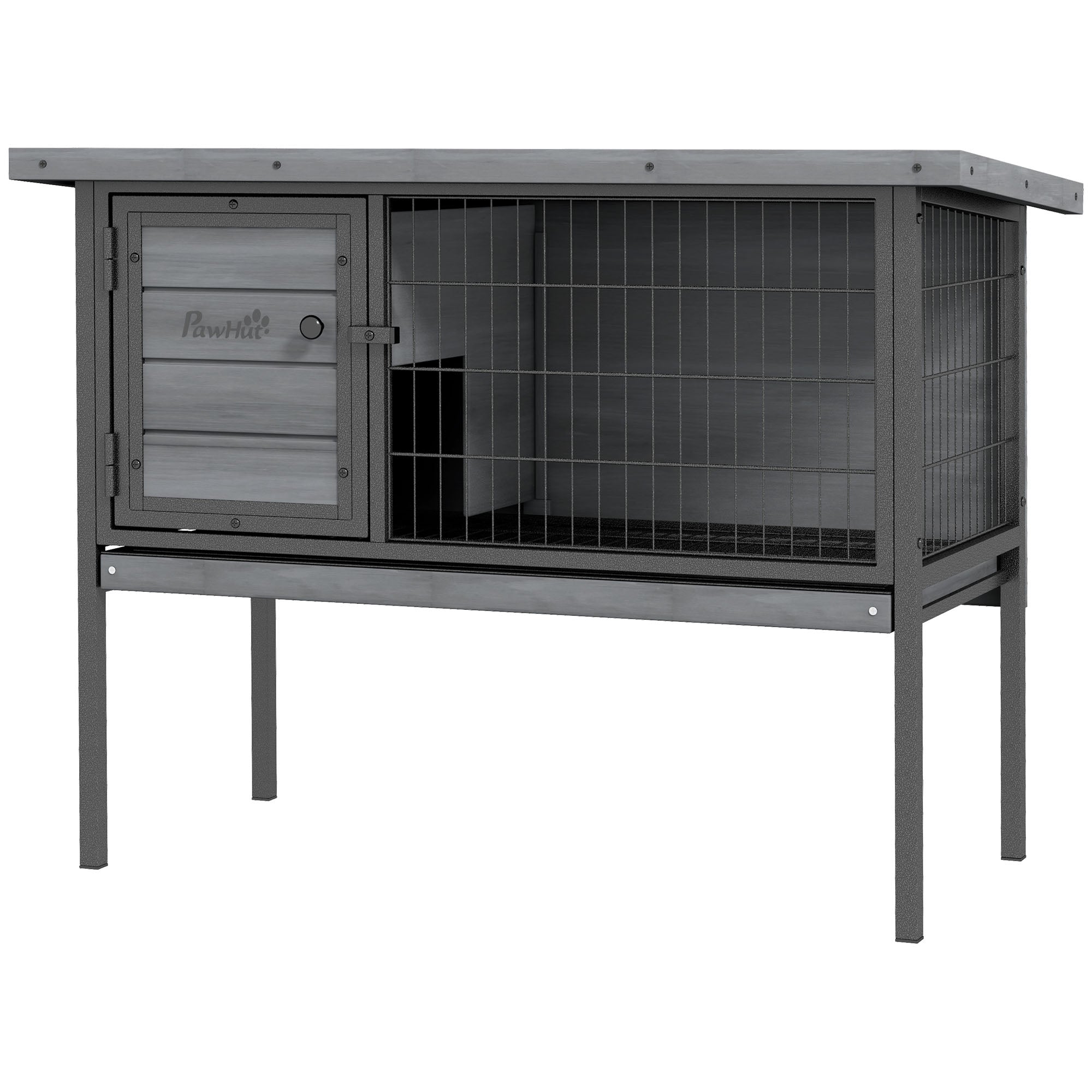 PawHut Rabbit Hutch Elevated Bunny Cage Small Animal Habitat with Metal Frame, No Leak Tray, Metal Wire Pan and Openable Water-Resistant Asphalt Roof for Indoor/Outdoor Gray