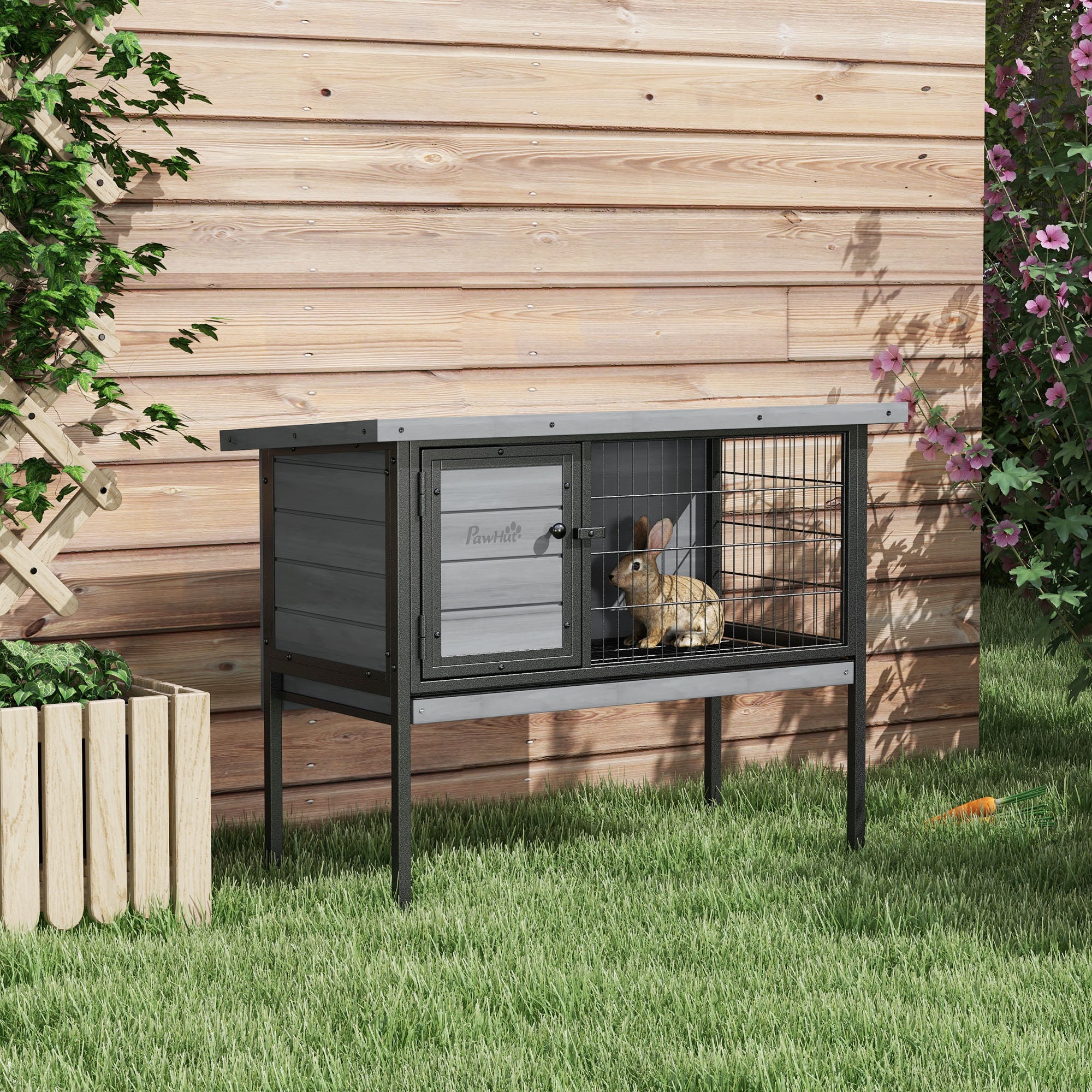 PawHut Rabbit Hutch Elevated Bunny Cage Small Animal Habitat with Metal Frame, No Leak Tray, Metal Wire Pan and Openable Water-Resistant Asphalt Roof for Indoor/Outdoor Gray