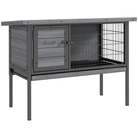 PawHut Rabbit Hutch Elevated Bunny Cage Small Animal Habitat with Metal Frame, No Leak Tray, Metal Wire Pan and Openable Water-Resistant Asphalt Roof for Indoor/Outdoor Gray