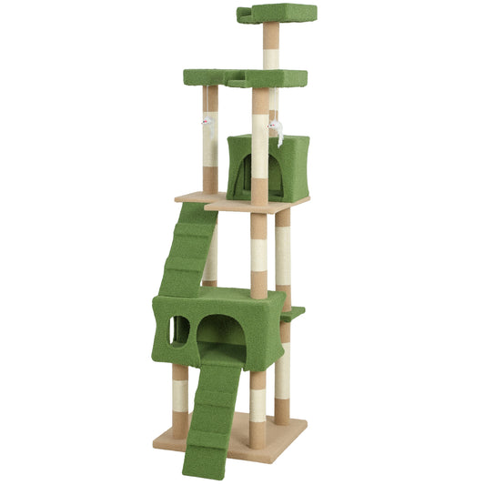 68 inches Cat Tree, Multi-Level Large Cat Tower Condo with Scratching Posts, Perches, Cat Houses, Dangling Toy, Green
