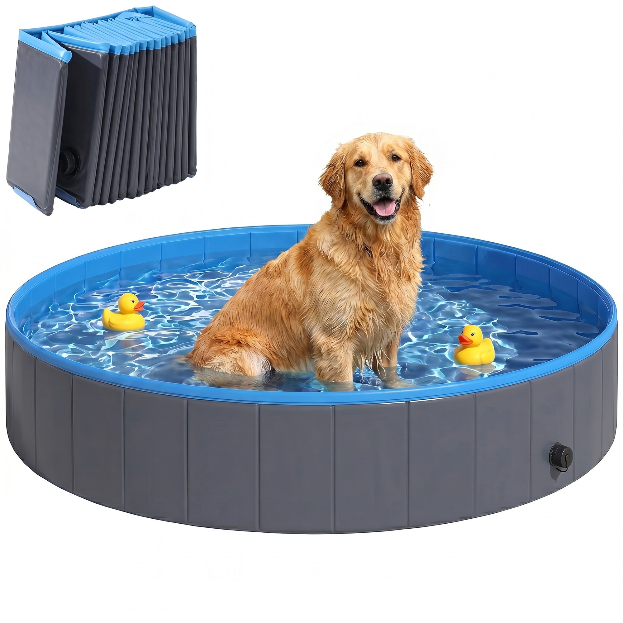 Foldable Dog Pool for Puppies and Ducks, Thickened PVC Dog Paddling Pool Bath Tub Hard Board, Anti-Slip Bottom and Hose Adapter for Easy Drainage, 140 x 30cm, Blue and Dark Grey