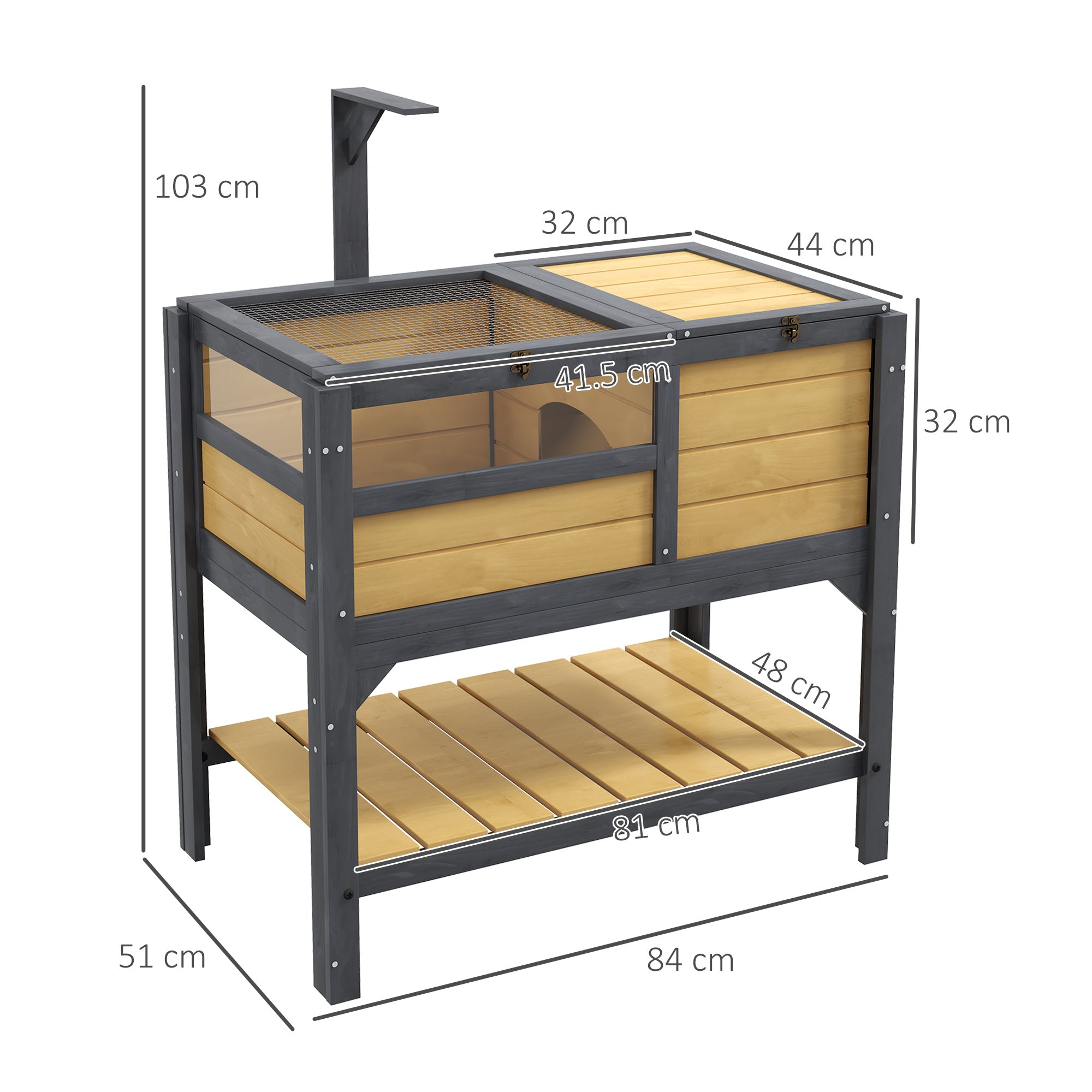 Tortoise House w/ Shelf, Small Pet Reptile Wooden House w/ Hide Shelter Den and Run, Lamp Holder, Tray, for Indoors, Outdoors - Yellow