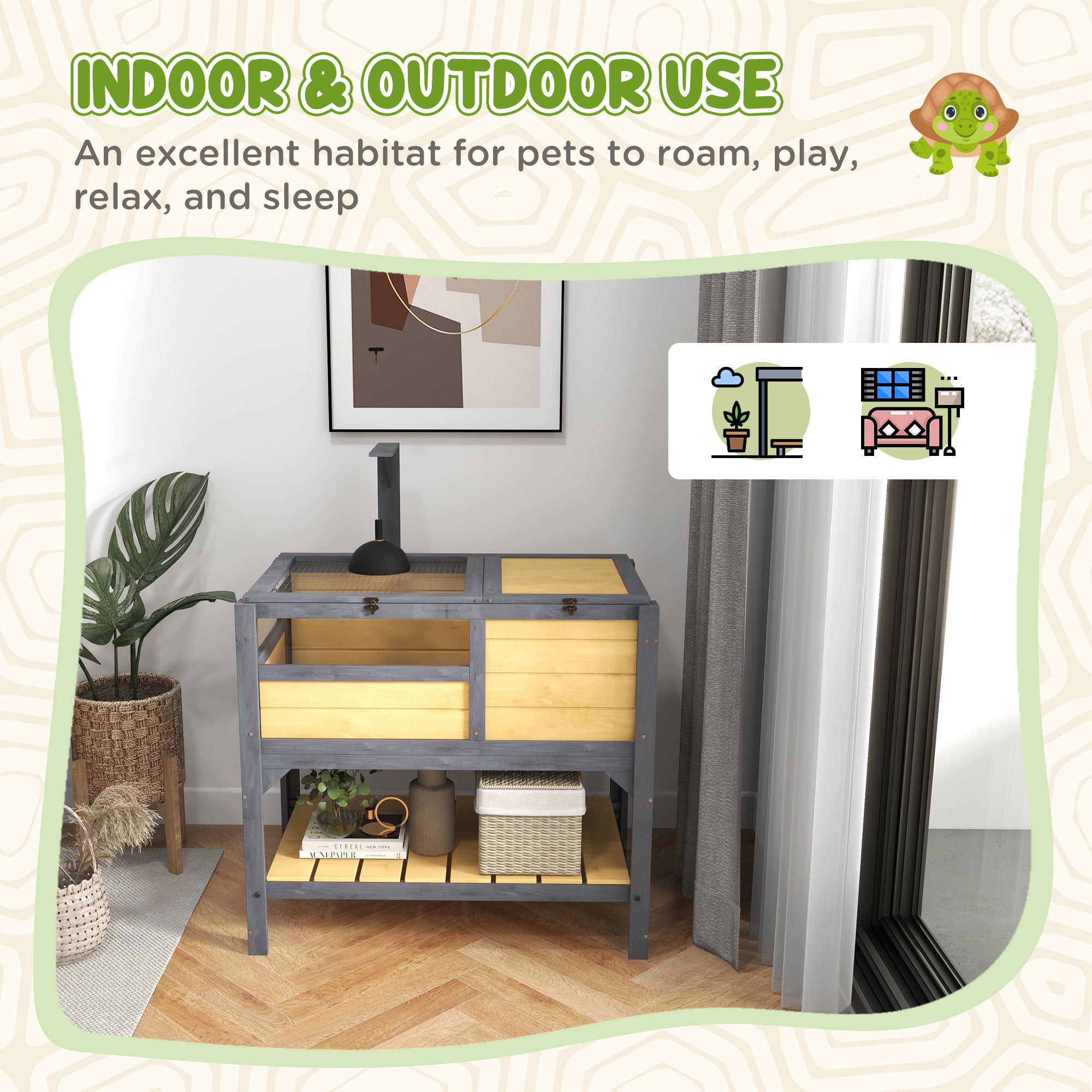 Tortoise House w/ Shelf, Small Pet Reptile Wooden House w/ Hide Shelter Den and Run, Lamp Holder, Tray, for Indoors, Outdoors - Yellow