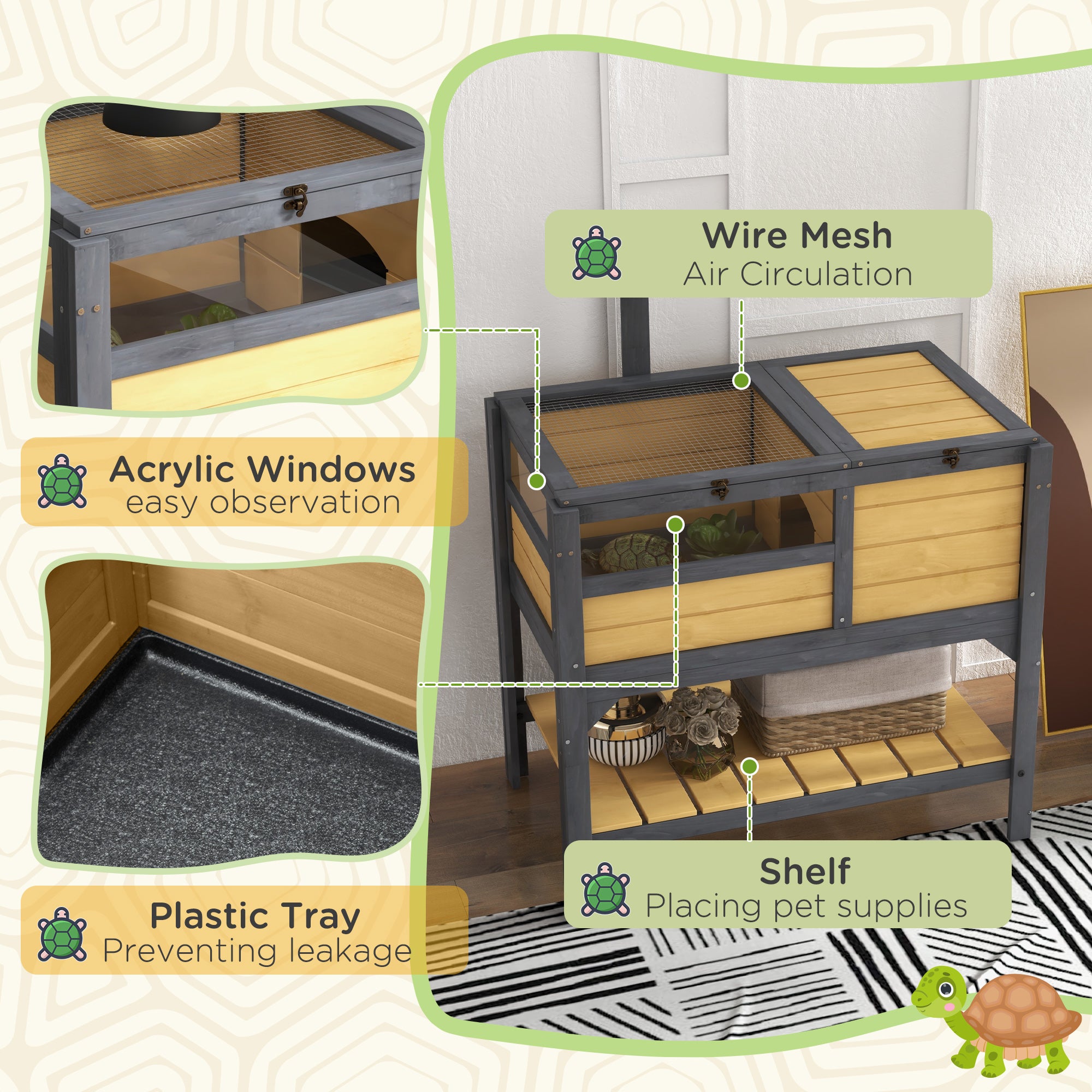 Tortoise House w/ Shelf, Small Pet Reptile Wooden House w/ Hide Shelter Den and Run, Lamp Holder, Tray, for Indoors, Outdoors - Yellow