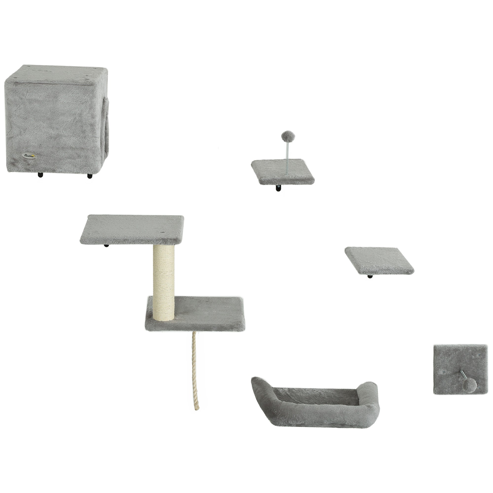 Cat Wall Shelves, 6-Piece Cat Wall Furniture Set with Condo, Platforms, Sisal Scratching Post, Bed and Toy Ball, for Climbing, Sleeping, Playing, Grey