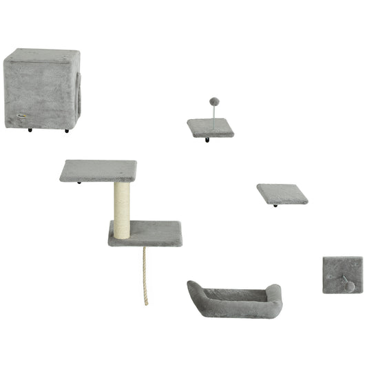 Cat Wall Shelves, 6-Piece Cat Wall Furniture Set with Condo, Platforms, Sisal Scratching Post, Bed and Toy Ball, for Climbing, Sleeping, Playing, Grey