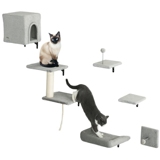 Cat Wall Shelves, 6-Piece Cat Wall Furniture Set with Condo, Platforms, Sisal Scratching Post, Bed and Toy Ball, for Climbing, Sleeping, Playing, Grey