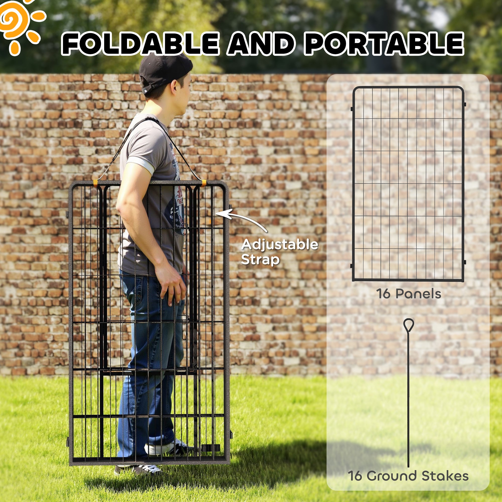 16 Panels Dog Playpen, 27"W x 47"H Heavy Duty Pet Fence with Door & Strap for Indoor Outdoor Backyard Garden, Portable & Foldable Puppy Pet Pen for Large Dogs