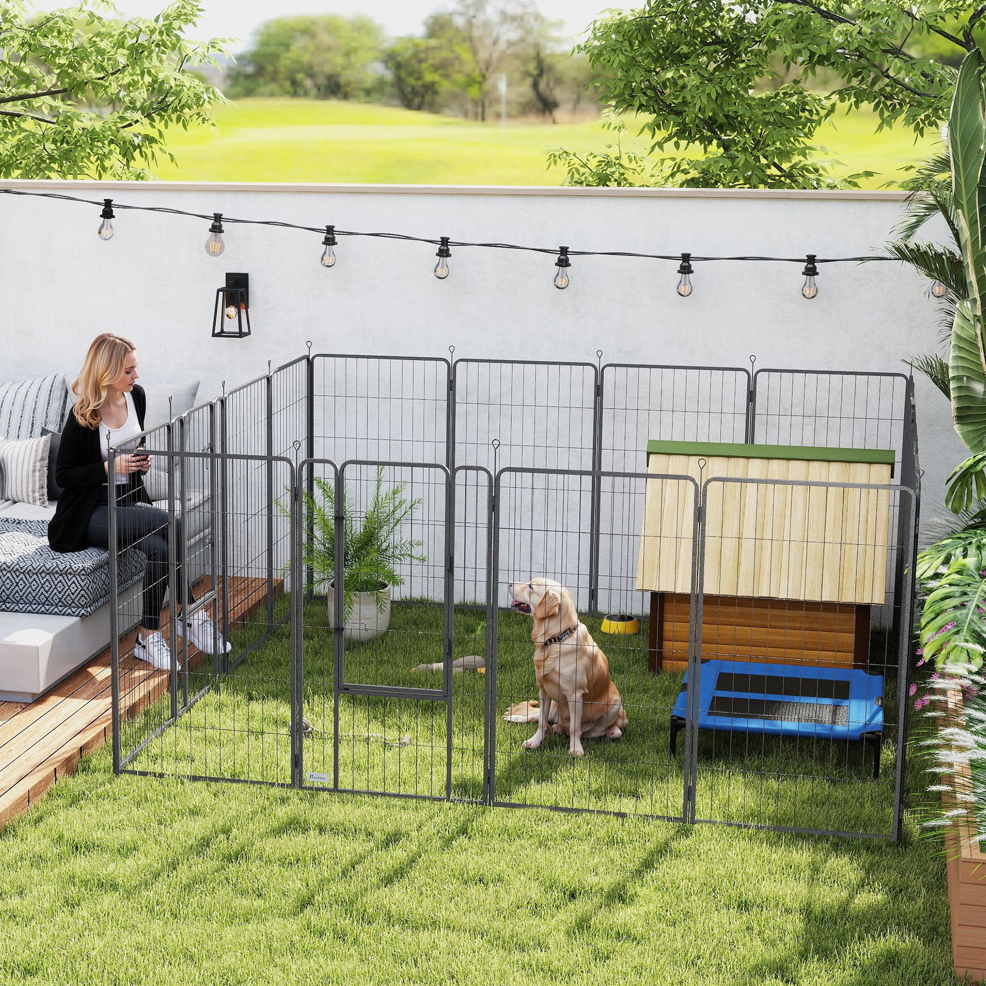 16 Panels Dog Playpen, 27"W x 47"H Heavy Duty Pet Fence with Door & Strap for Indoor Outdoor Backyard Garden, Portable & Foldable Puppy Pet Pen for Large Dogs