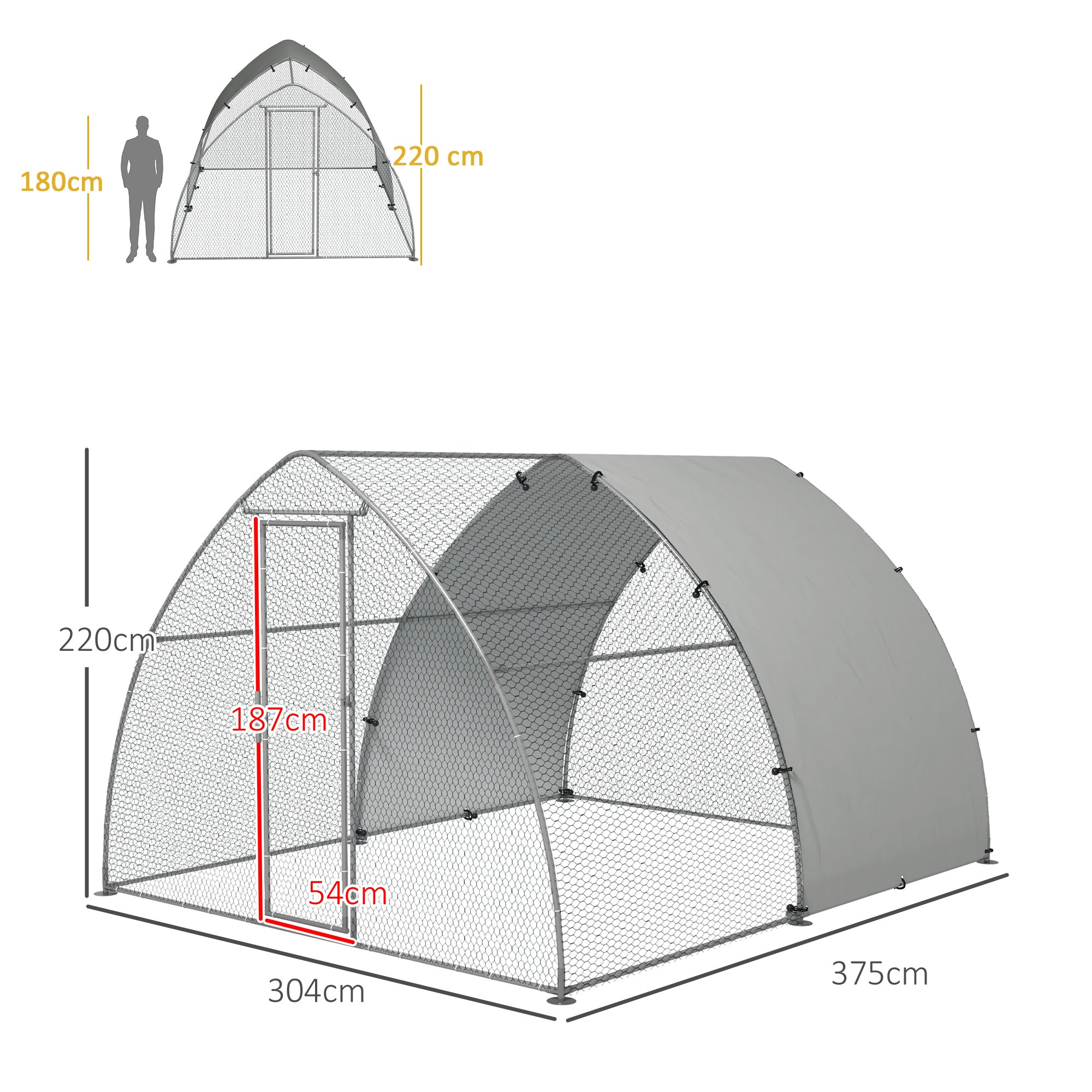 Walk In Chicken Run, Galvanised Chicken Coop Outdoor with Cover, Poultry Cage, for 8-12 Chickens, Hens, Ducks, Rabbits, 3 x 3.8 x 2.2m - Silver Tone