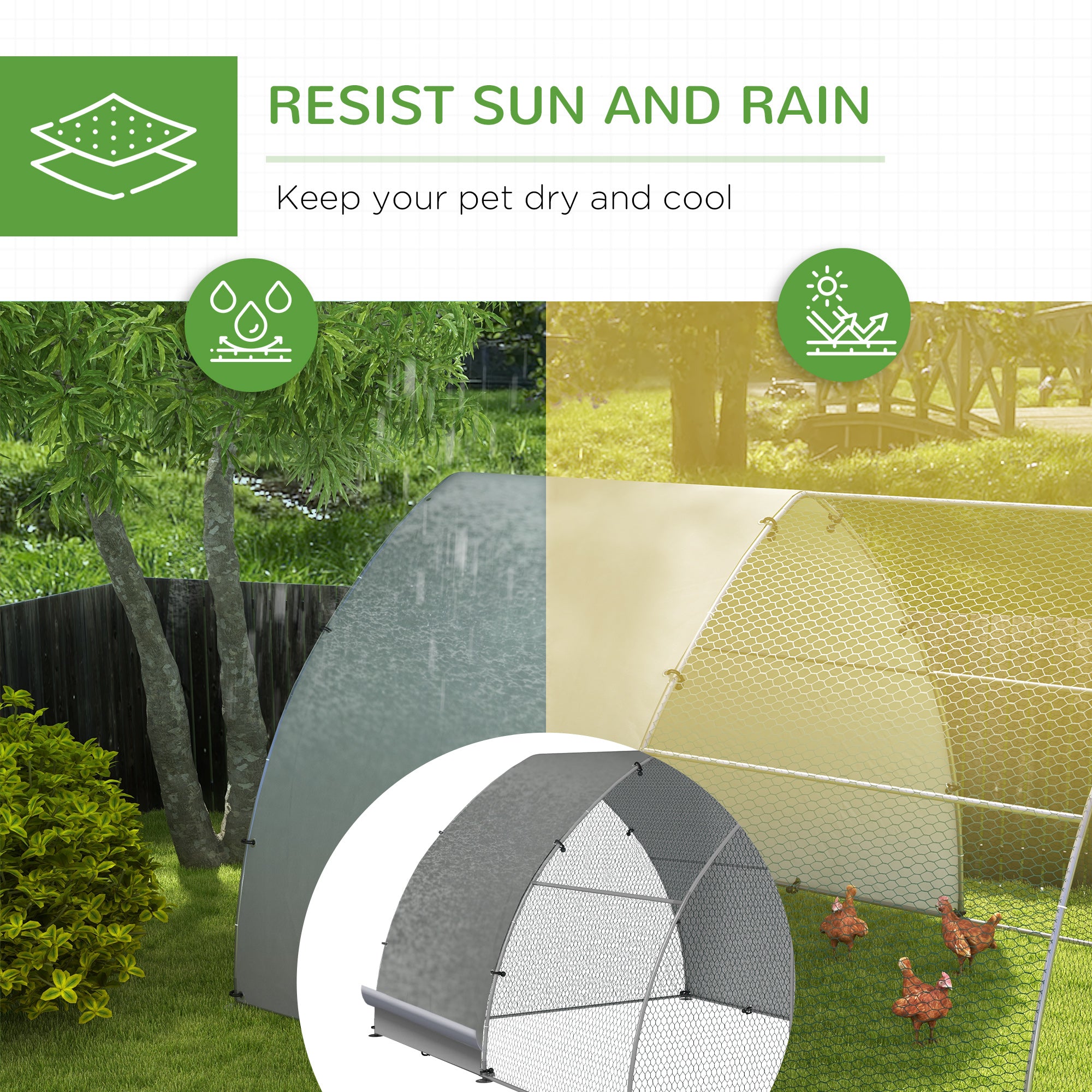 Walk In Chicken Run, Galvanised Chicken Coop Outdoor with Cover, Poultry Cage, for 8-12 Chickens, Hens, Ducks, Rabbits, 3 x 3.8 x 2.2m - Silver Tone