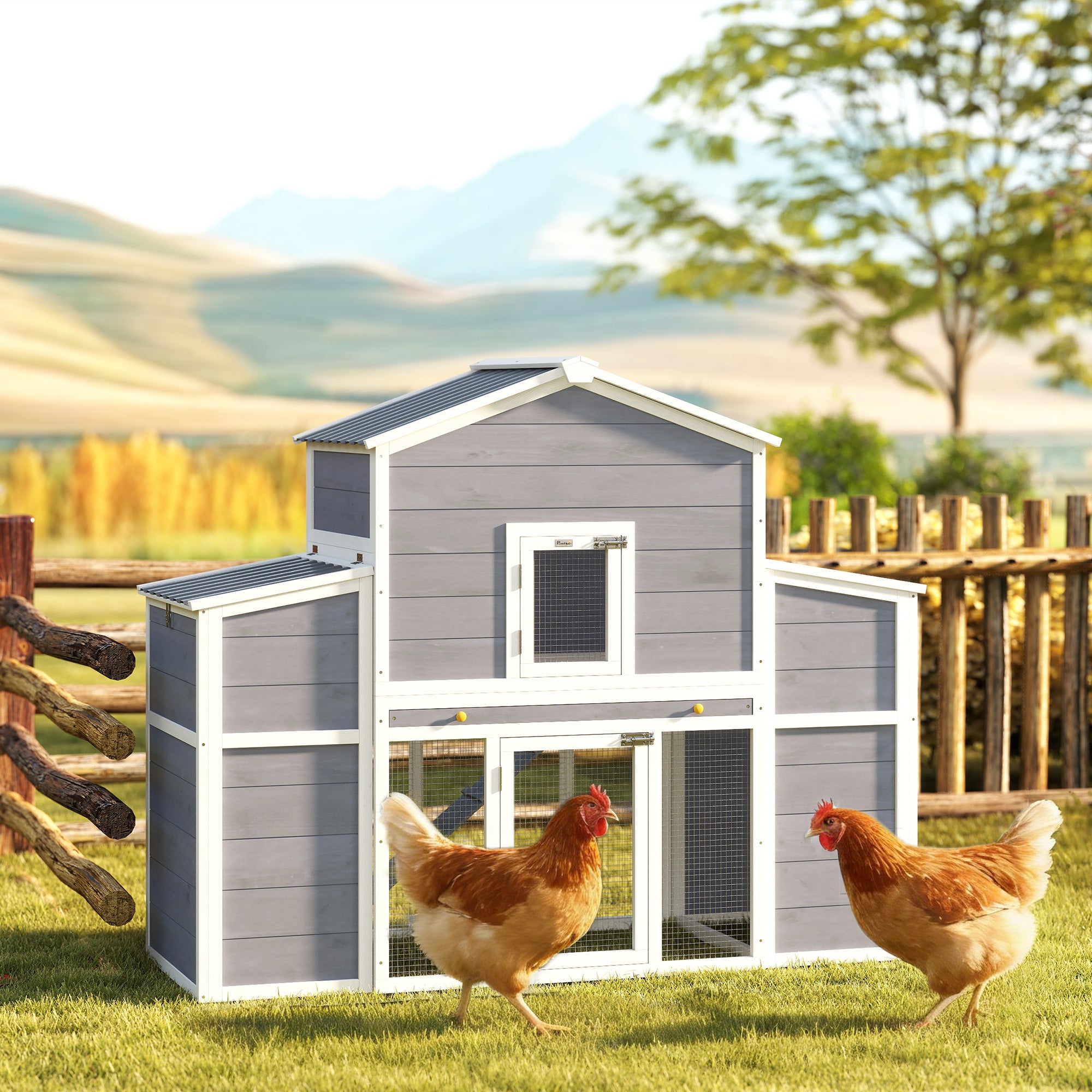 66.5" Large Chicken Coop, Wooden Chicken House with 2 Nesting Boxes, Sliding Tray & Ramp, Waterproof Roof, Outdoor Hen House Poultry Cage for Backyard, Farm, for 2-4 Hens