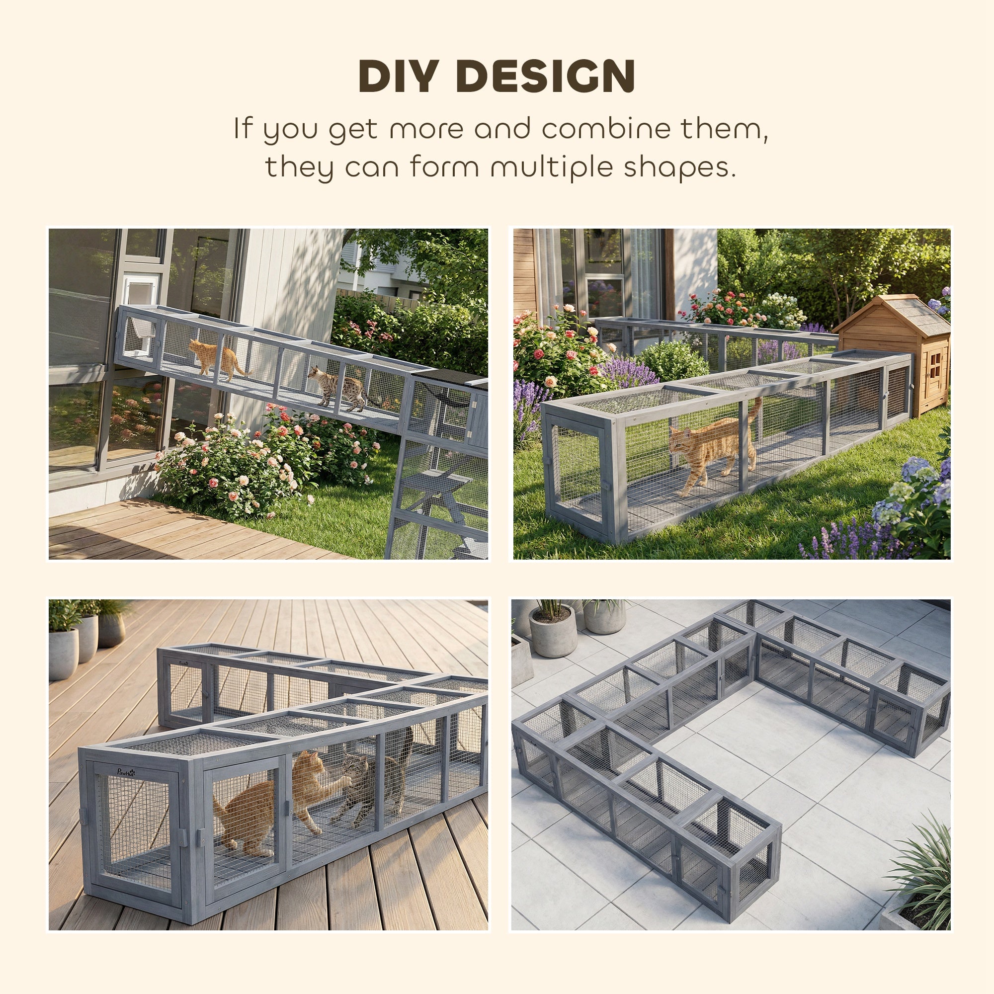 Outdoor Cat Tunnel with Extendable Design, 79" L Wooden Cat Run with Weather Protection, Connecting Inside and Outside, for Deck Patios, Balconies, Dark Gray