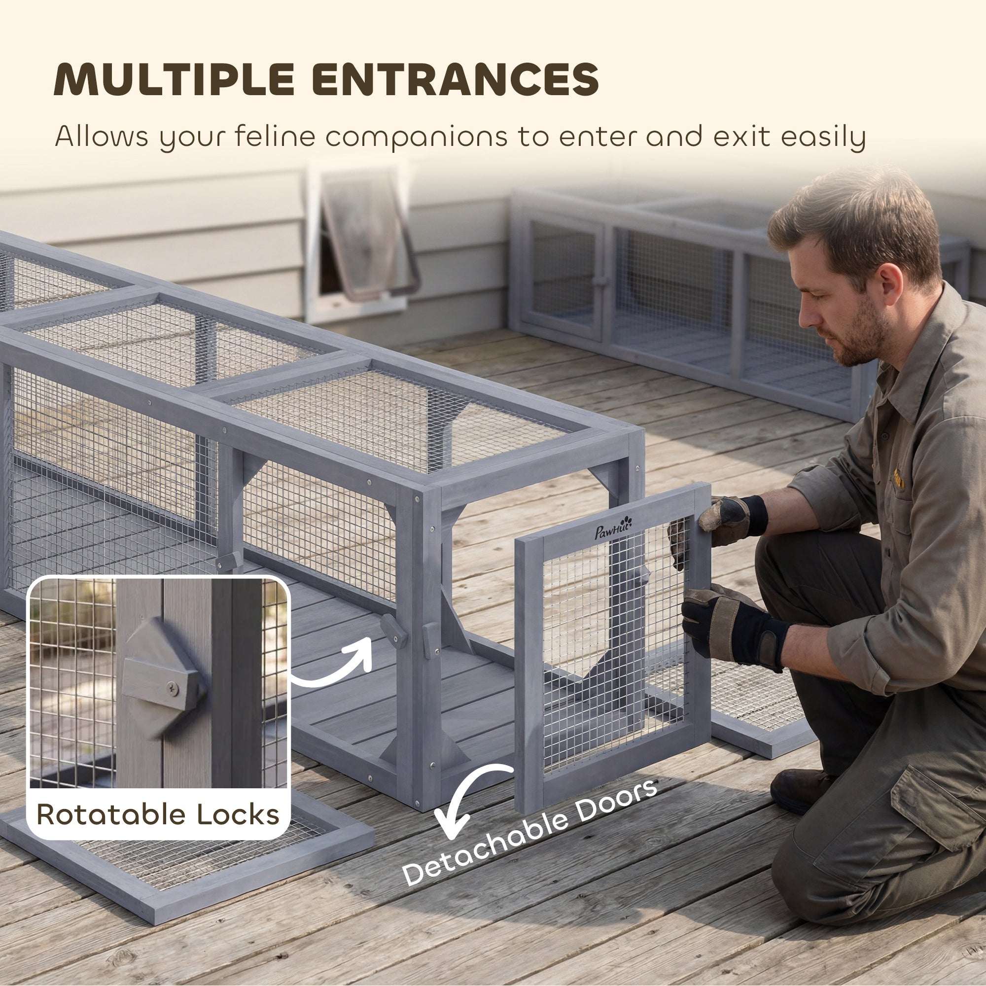 Outdoor Cat Tunnel with Extendable Design, 79" L Wooden Cat Run with Weather Protection, Connecting Inside and Outside, for Deck Patios, Balconies, Dark Gray
