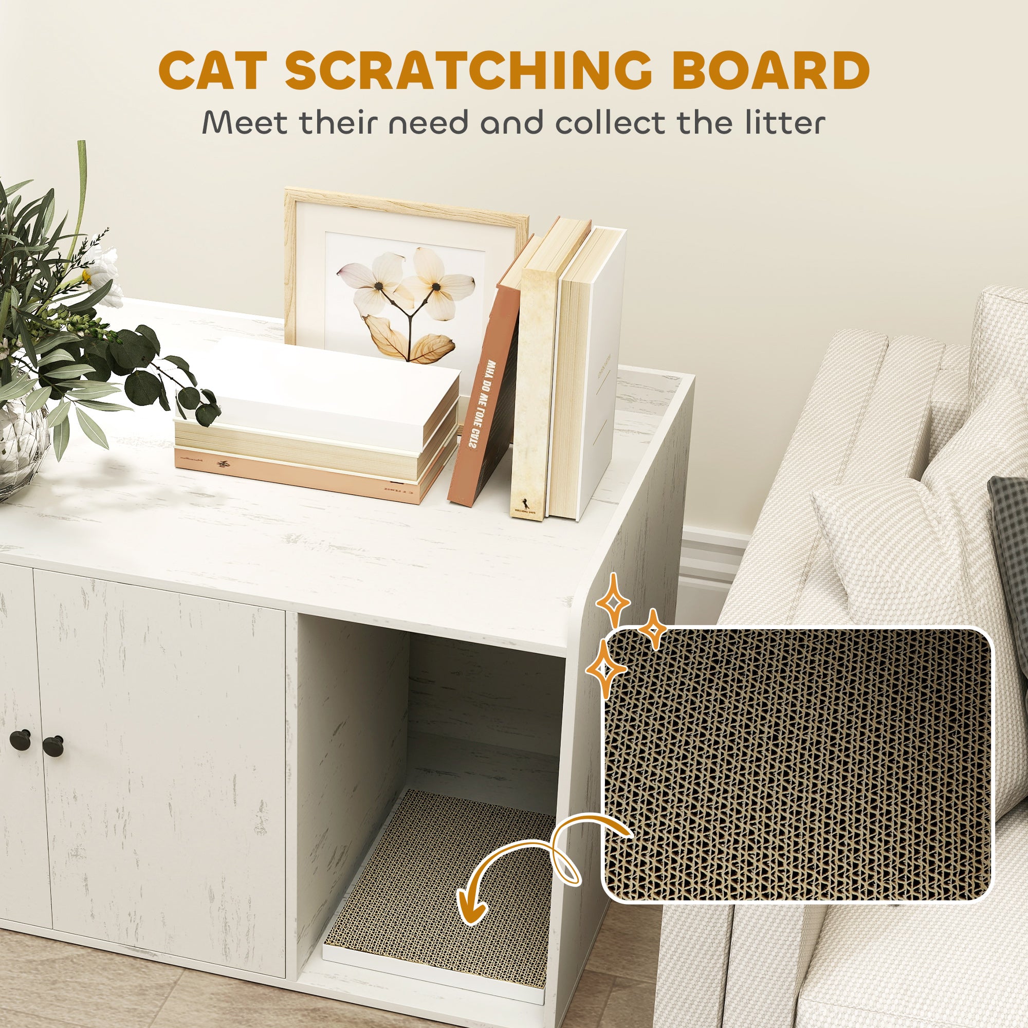Litter Box Enclosure, 32" Hidden Washroom Furniture with Scratching Mat, Cat Entrance, Indoor Pet House, Side End Table Fit Most of Cat and Litter Box, Distressed White