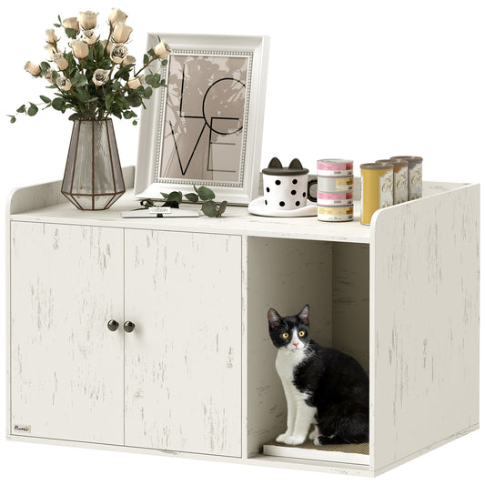 Litter Box Enclosure, 32" Hidden Washroom Furniture with Scratching Mat, Cat Entrance, Indoor Pet House, Side End Table Fit Most of Cat and Litter Box, Distressed White