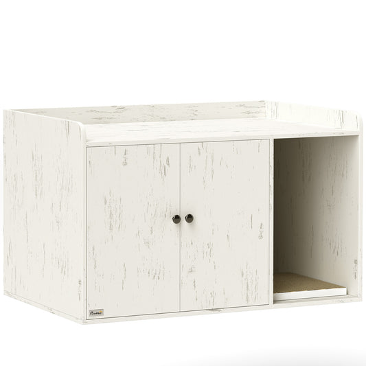 Litter Box Enclosure, 32" Hidden Washroom Furniture with Scratching Mat, Cat Entrance, Indoor Pet House, Side End Table Fit Most of Cat and Litter Box, Distressed White