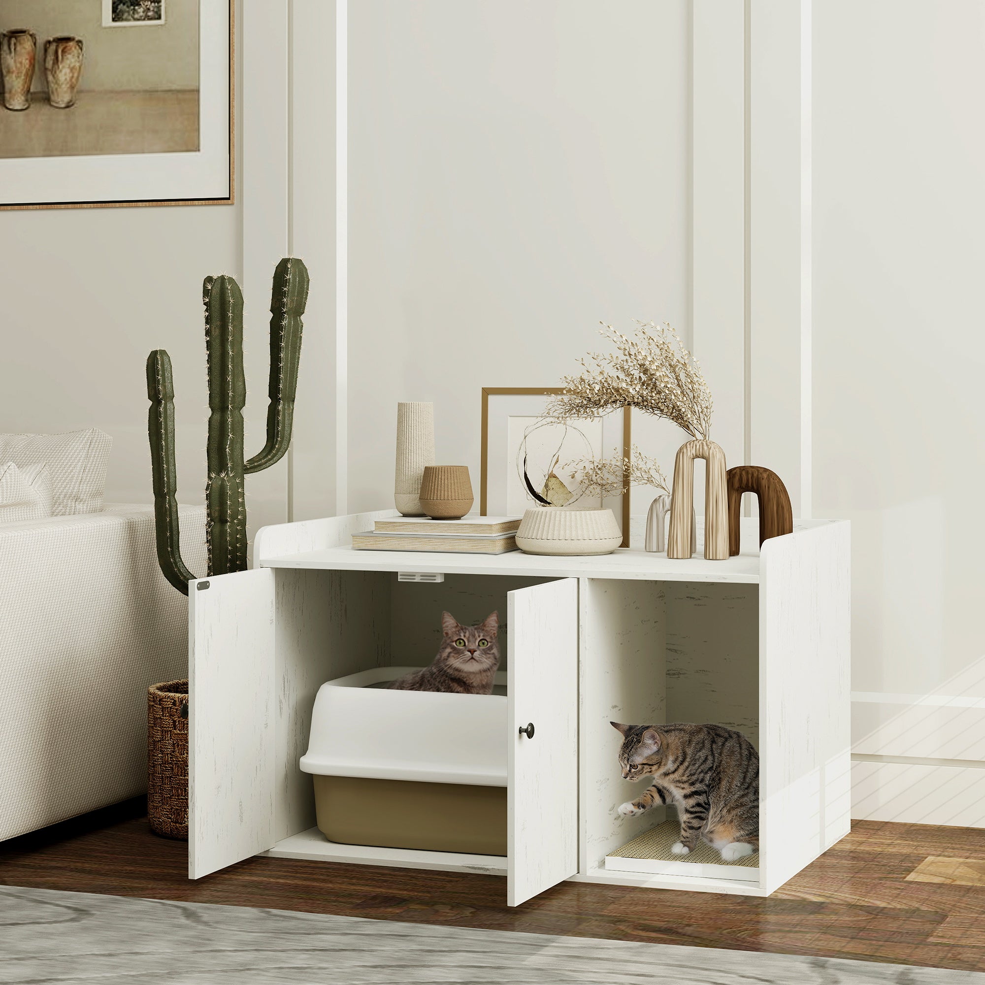 Litter Box Enclosure, 32" Hidden Washroom Furniture with Scratching Mat, Cat Entrance, Indoor Pet House, Side End Table Fit Most of Cat and Litter Box, Distressed White
