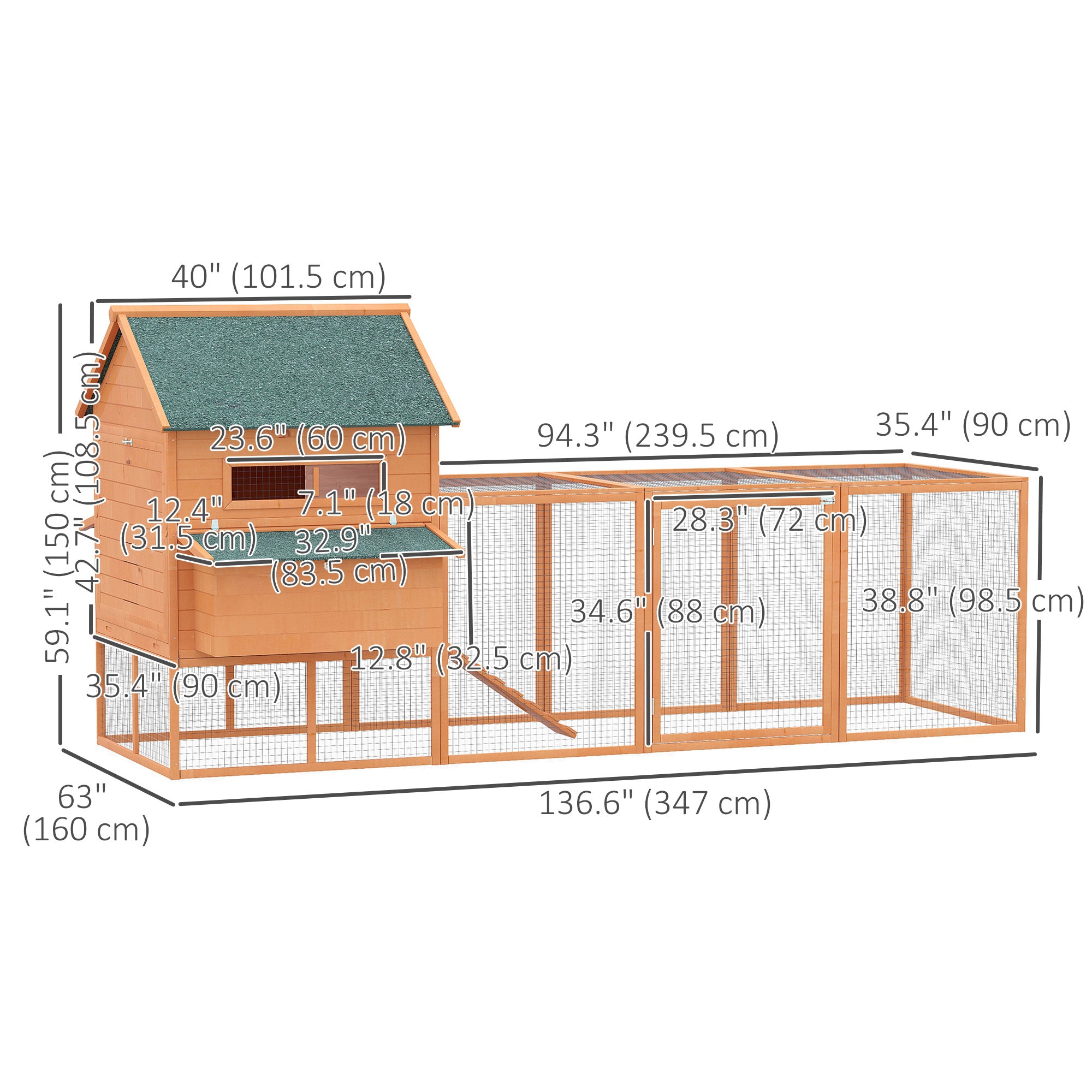 137" Chicken Coop Wooden Large Hen House Deluxe Rabbit Hutch Lockable Poultry Cage Backyard with Nesting Box and Run, Orange