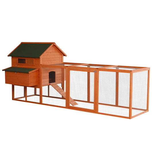 PawHut 137" Chicken Coop for 8-10 Chickens, Large Chicken House, Wooden Poultry Hen Cage with Nesting Box and Run for Backyard, Orange