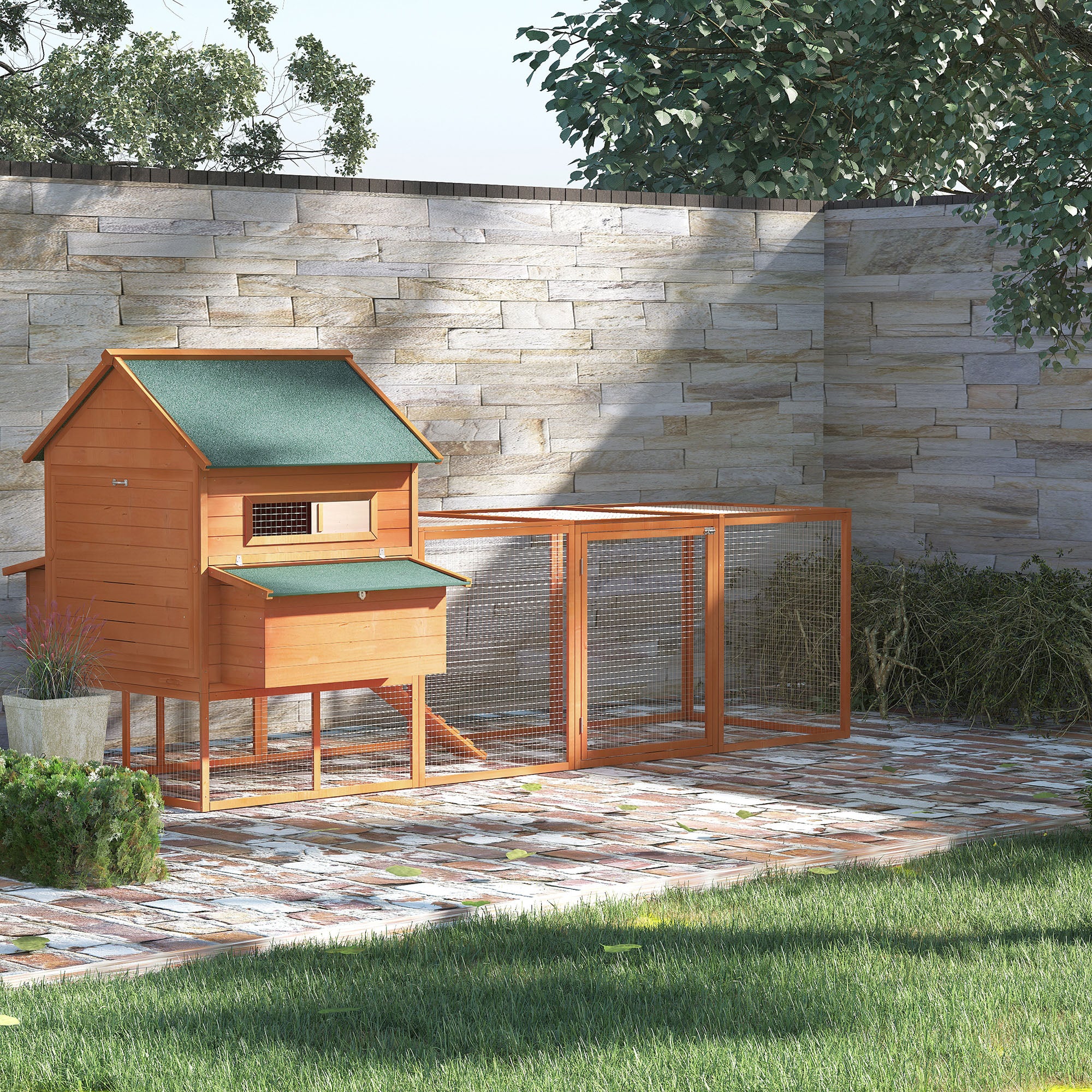 137" Chicken Coop Wooden Large Hen House Deluxe Rabbit Hutch Lockable Poultry Cage Backyard with Nesting Box and Run, Orange