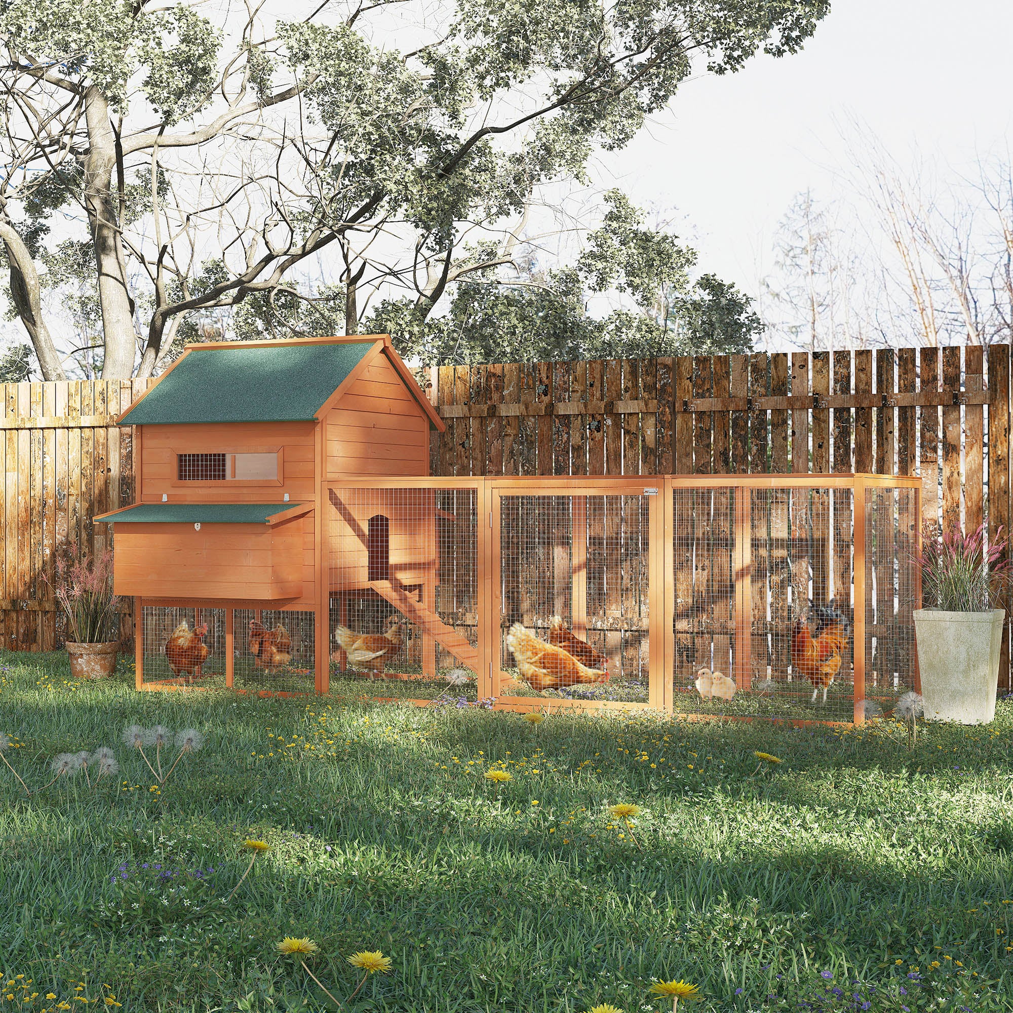 137" Chicken Coop Wooden Large Hen House Deluxe Rabbit Hutch Lockable Poultry Cage Backyard with Nesting Box and Run, Orange