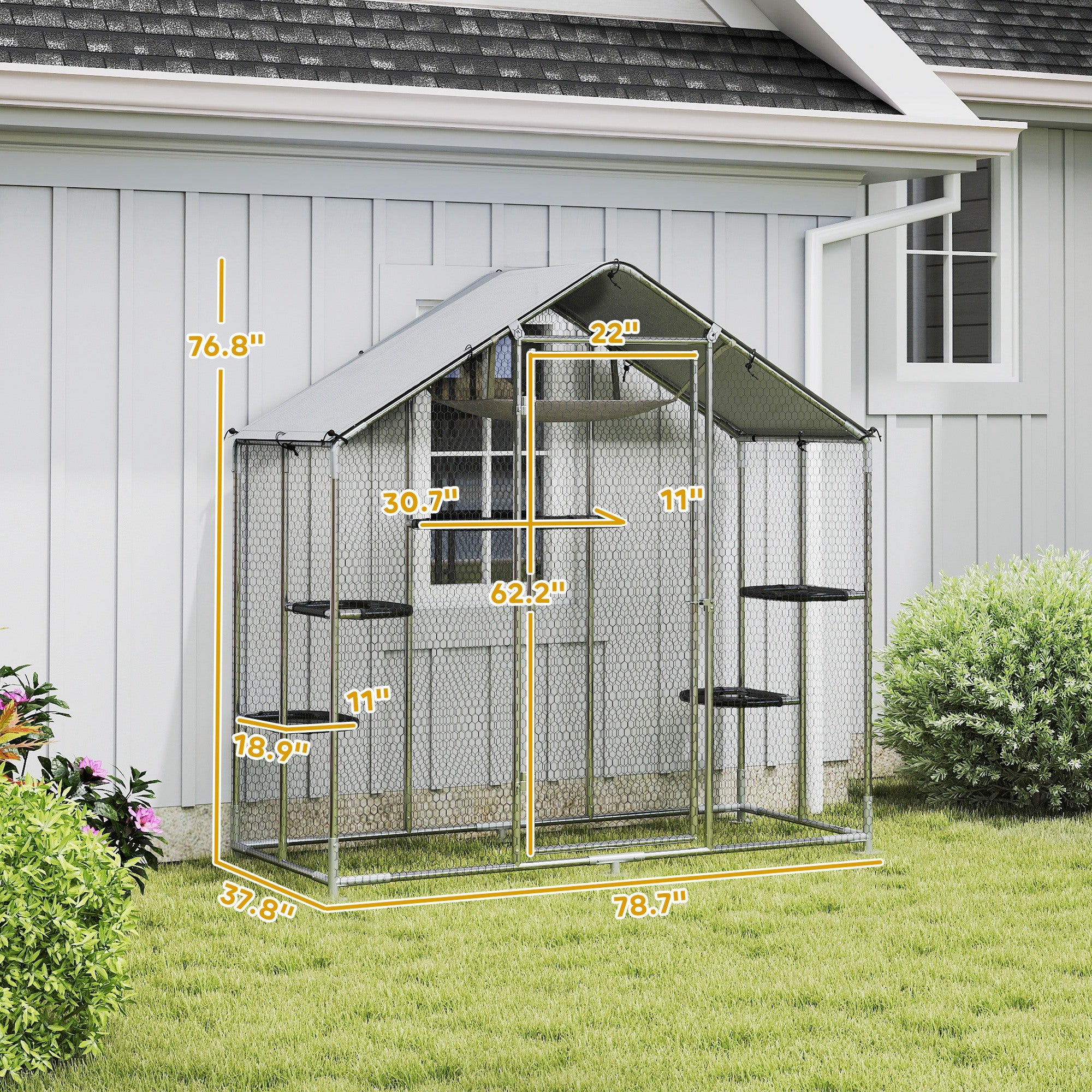 Large Catio Outdoor Cat Enclosure, Galvanized Steel Walk-in Cat Patio for Multiple Kittens, Outdoor Kitty Cage with Waterproof Cover, 5 Adjustable Platforms, Hammock, Metal Chicken Coop Run