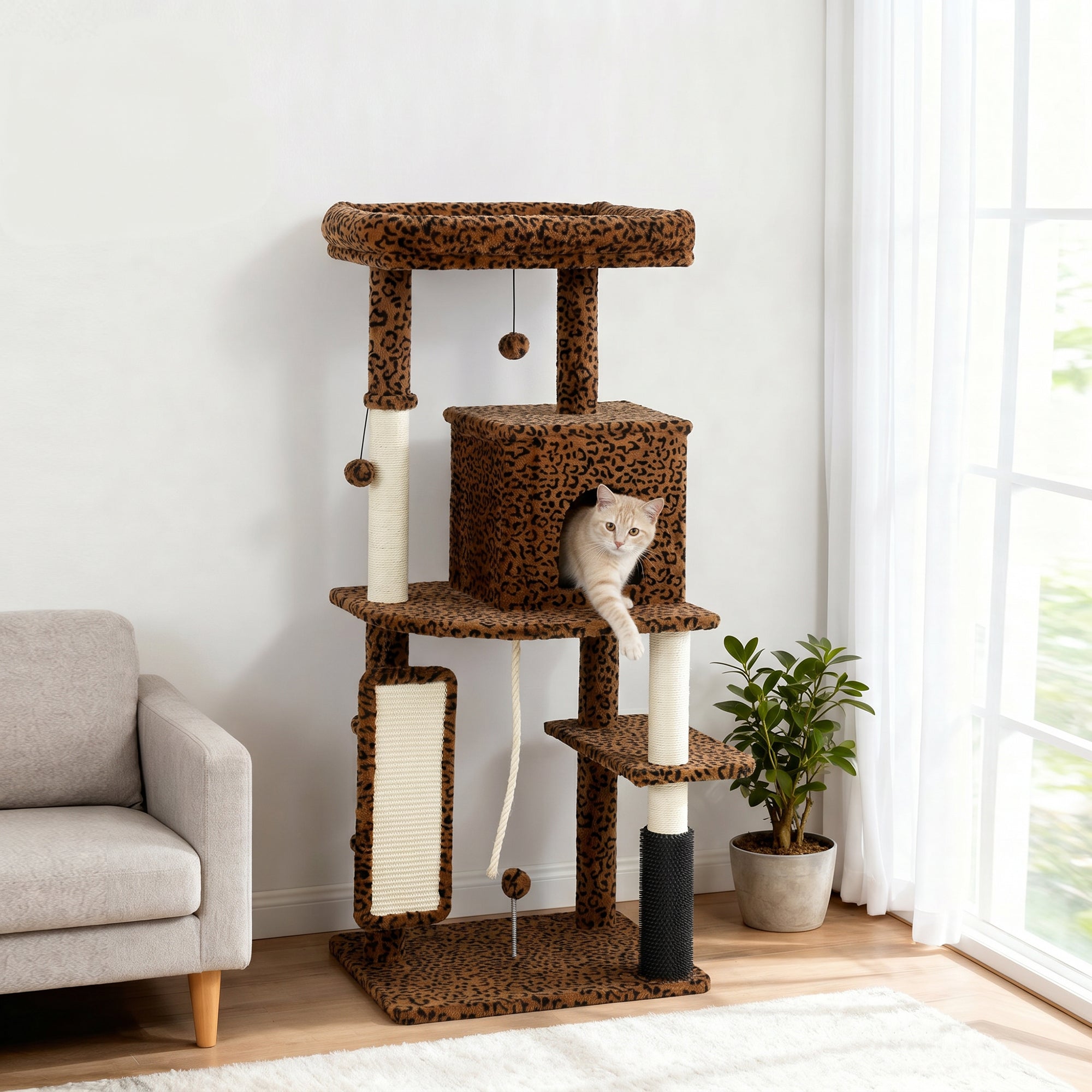 Cat Tree for Large Cat Adults, 52 Inch Cat Tower for Indoor Cats w/ Scratching Posts, Cat Bed, Condo, Jumping Platforms, Toy Balls, Anti-tip Kit, Leopard Print
