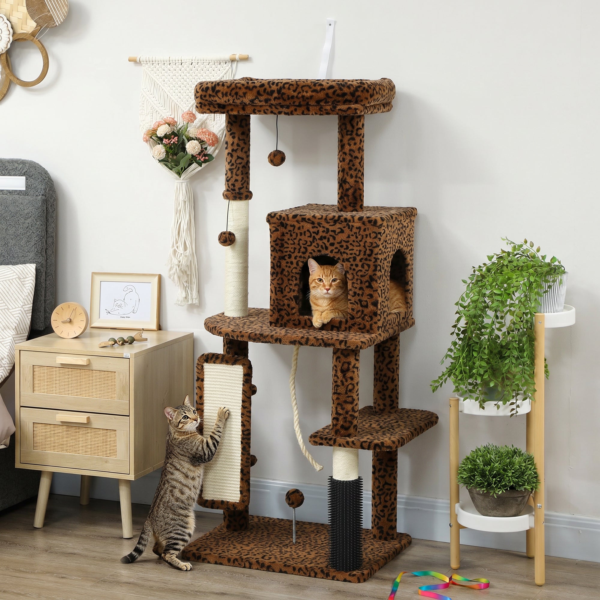 Cat Tree for Large Cat Adults, 52 Inch Cat Tower for Indoor Cats w/ Scratching Posts, Cat Bed, Condo, Jumping Platforms, Toy Balls, Anti-tip Kit, Leopard Print