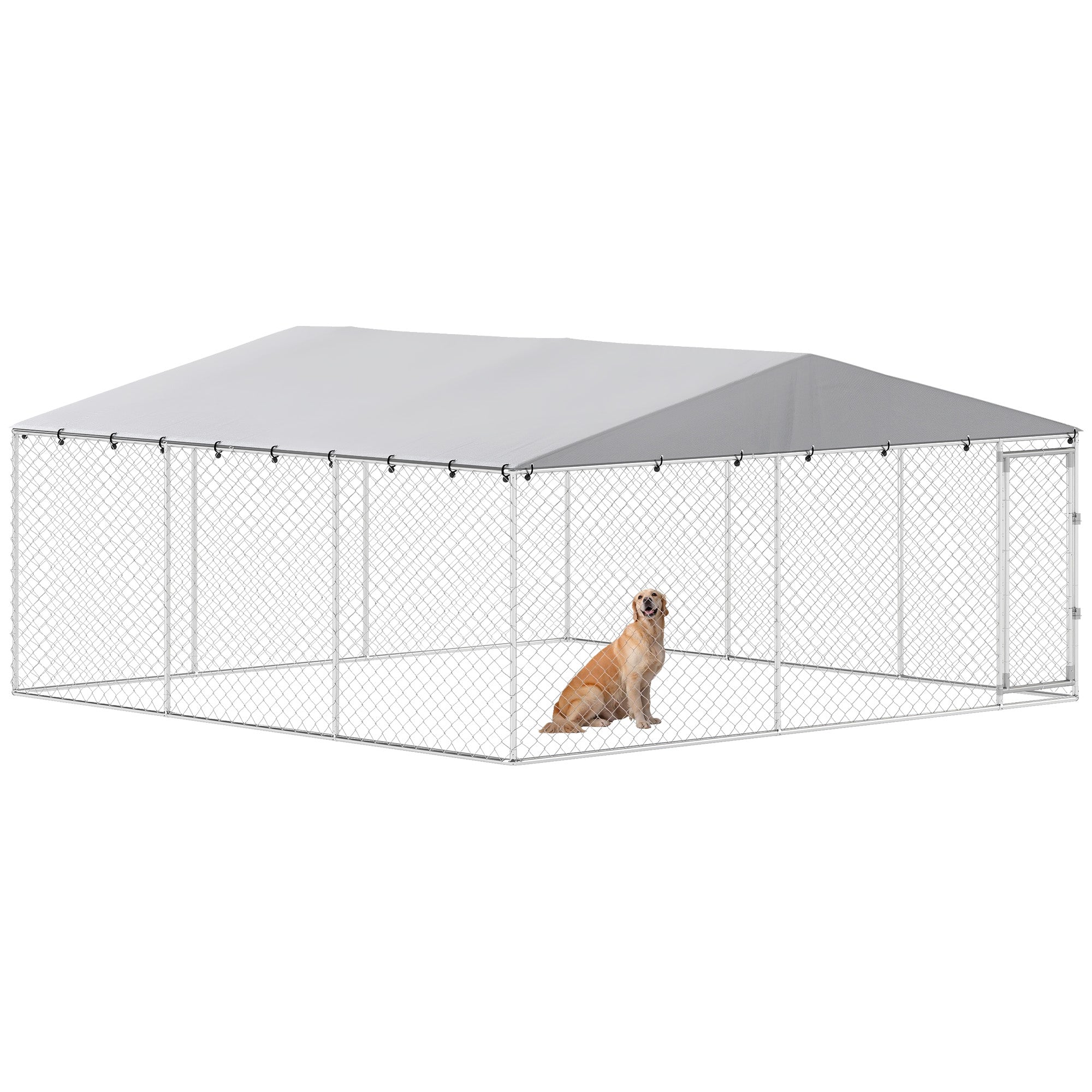 Outdoor Dog Kennel, Heavy Duty Dog Run Outdoor Fence with Waterproof Cover, Galvanized Chain Link, Secure Lock, for Large Breeds, Chickens, Ducks, 15' x 15' x 7'