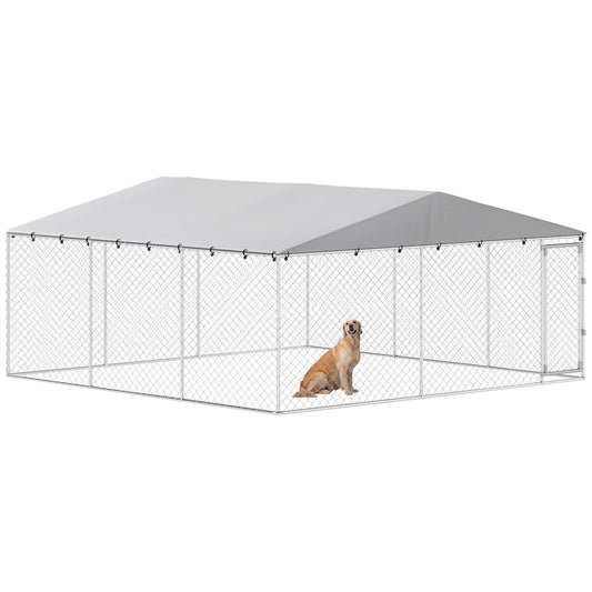 Outdoor Dog Kennel, Heavy Duty Dog Run Outdoor Fence with Waterproof Cover, Galvanized Chain Link, Secure Lock, for Large Breeds, Chickens, Ducks, 15' x 15' x 7'