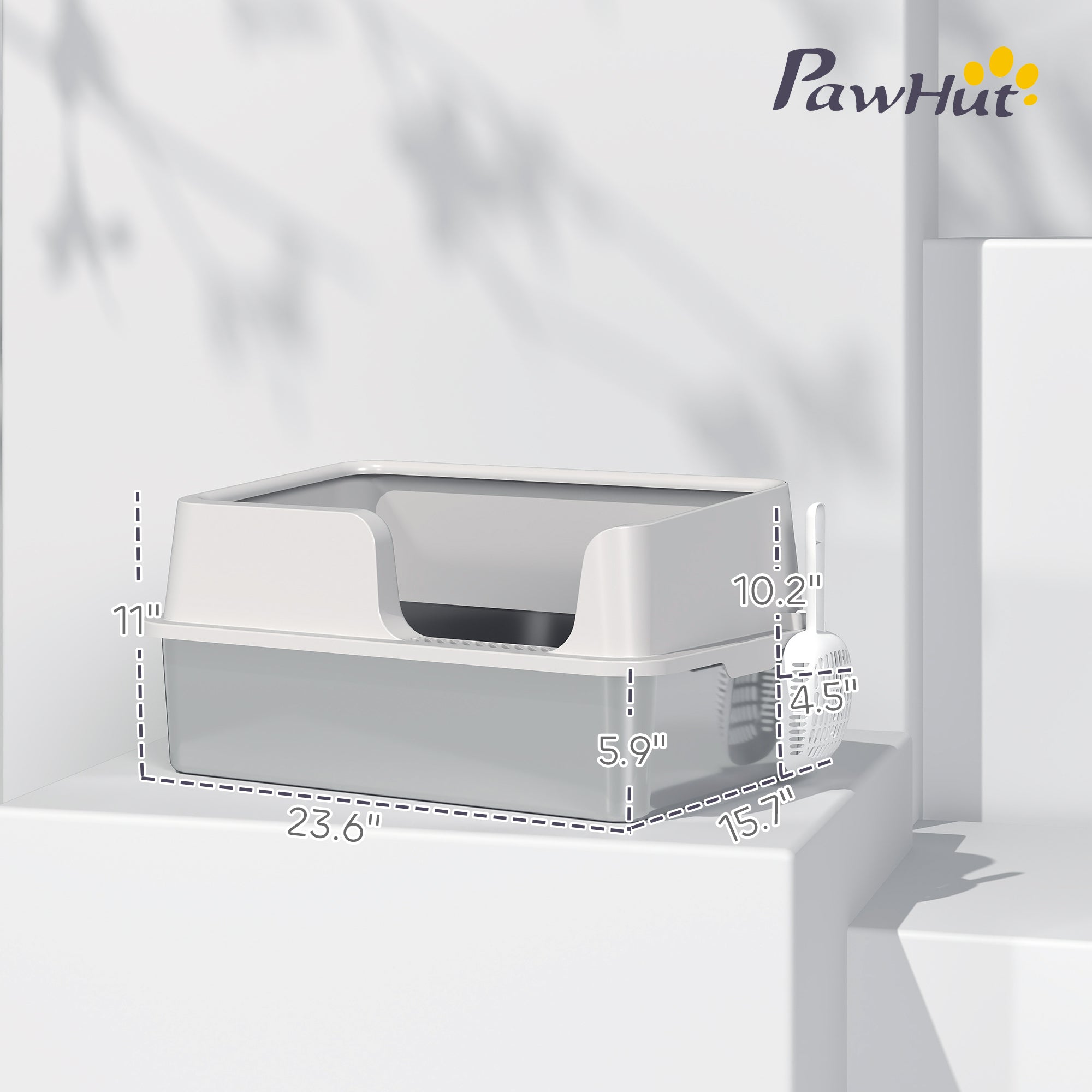 Stainless Steel Litter Box, XL Cat Litter Box with High Side, Extra Large Metal Kitten Litterbox for Big Cats with Scoop, Easy Cleaning & Anti-Urine Leakage, Light Gray